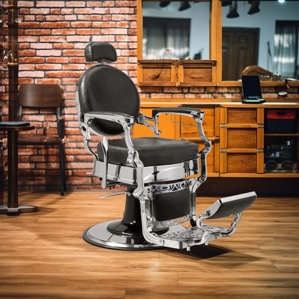 PVC leather, silver plated aluminum alloy frame, extra large pump disc with towel rack, square seat cushion without buttons, reclining hair salon chair 150kg silver 7DAY'S
