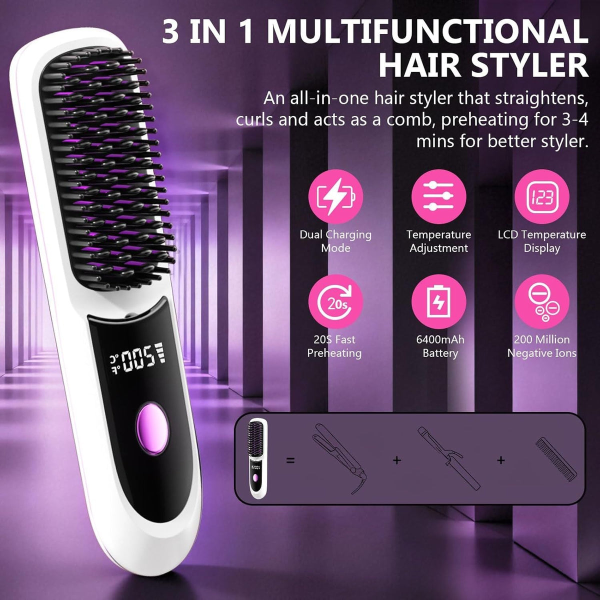 Hair Straightener, Cordless Hair Straightening Brush Portable Cordless Comb with Base Negative Ion Rechargeable Brush for Frizz-Free Shine Straightening, 6400mAh Fast Heating (Black) Uncle LOL