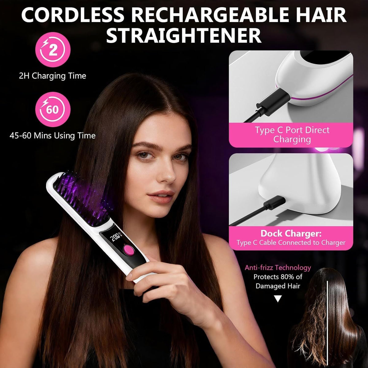 Hair Straightener, Cordless Hair Straightening Brush Portable Cordless Comb with Base Negative Ion Rechargeable Brush for Frizz-Free Shine Straightening, 6400mAh Fast Heating (Black) Uncle LOL