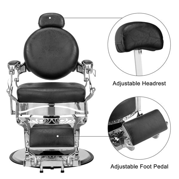 PVC leather, silver plated aluminum alloy frame, extra large pump disc with towel rack, square seat cushion without buttons, reclining hair salon chair 150kg silver 7DAY'S