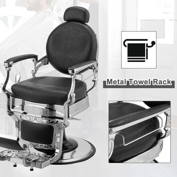 PVC leather, silver plated aluminum alloy frame, extra large pump disc with towel rack, square seat cushion without buttons, reclining hair salon chair 150kg silver 7DAY'S