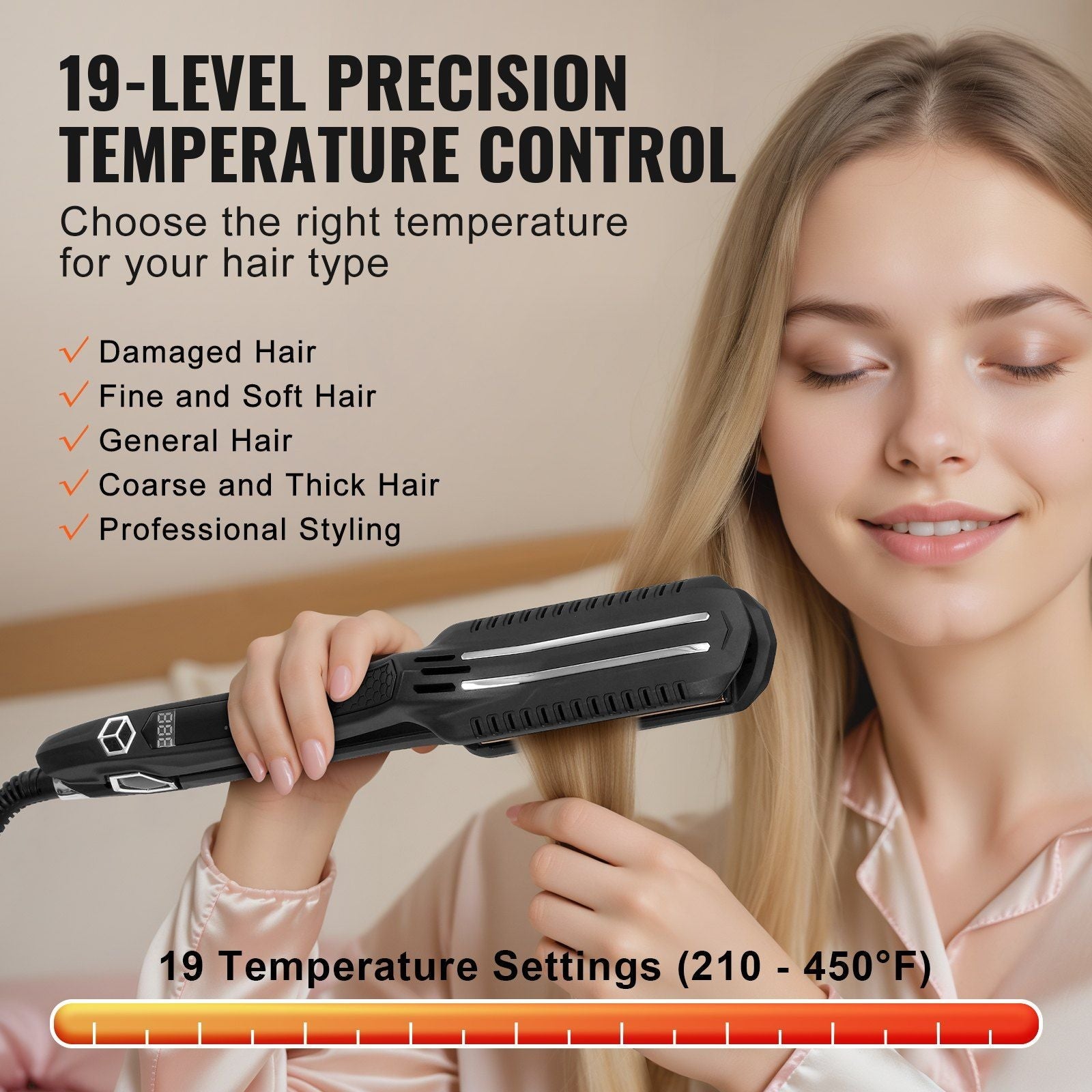 VEVOR Hair Straightener, 1.5-inch Titanium Flat Iron, Dual Infrared Hair Straightener Flat Iron with LCD Display and 19 Temp Levels - 210 to 450 F, Fast Heating Hair Iron for Salon Home Travel Use 7DAY'S