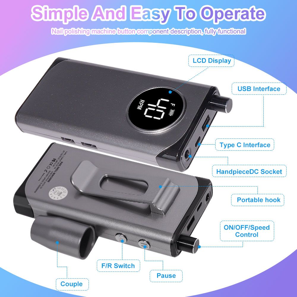 40000RPM Nail Drill Machine Electric Portable Nail File Rechargeable Nail Sander for Gel Nails Polishing For Home Manicure Salon 7DAY'S