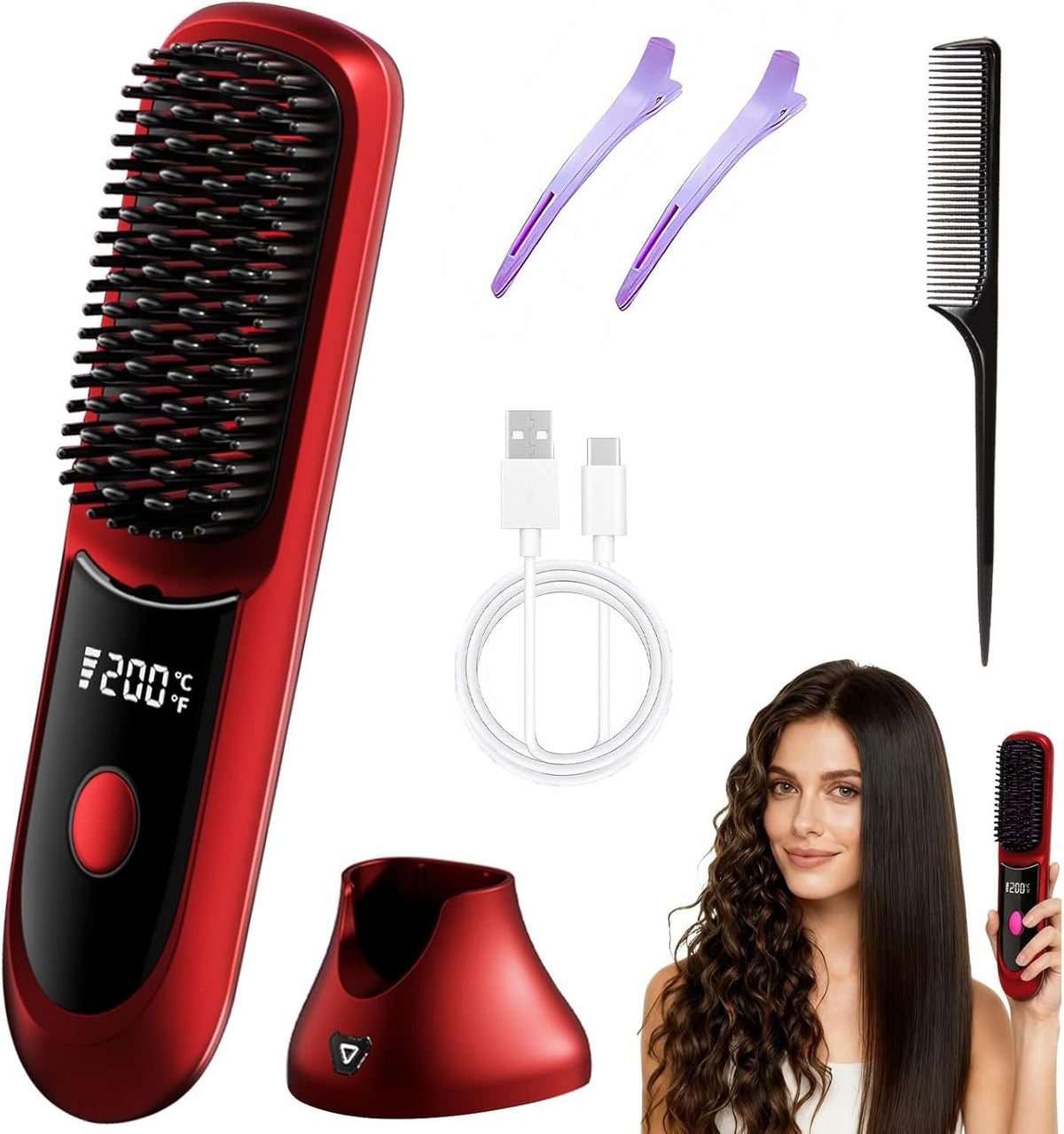 Hair Straightener, Cordless Hair Straightening Brush Portable Cordless Comb with Base Negative Ion Rechargeable Brush for Frizz-Free Shine Straightening, 6400mAh Fast Heating (Black) Uncle LOL