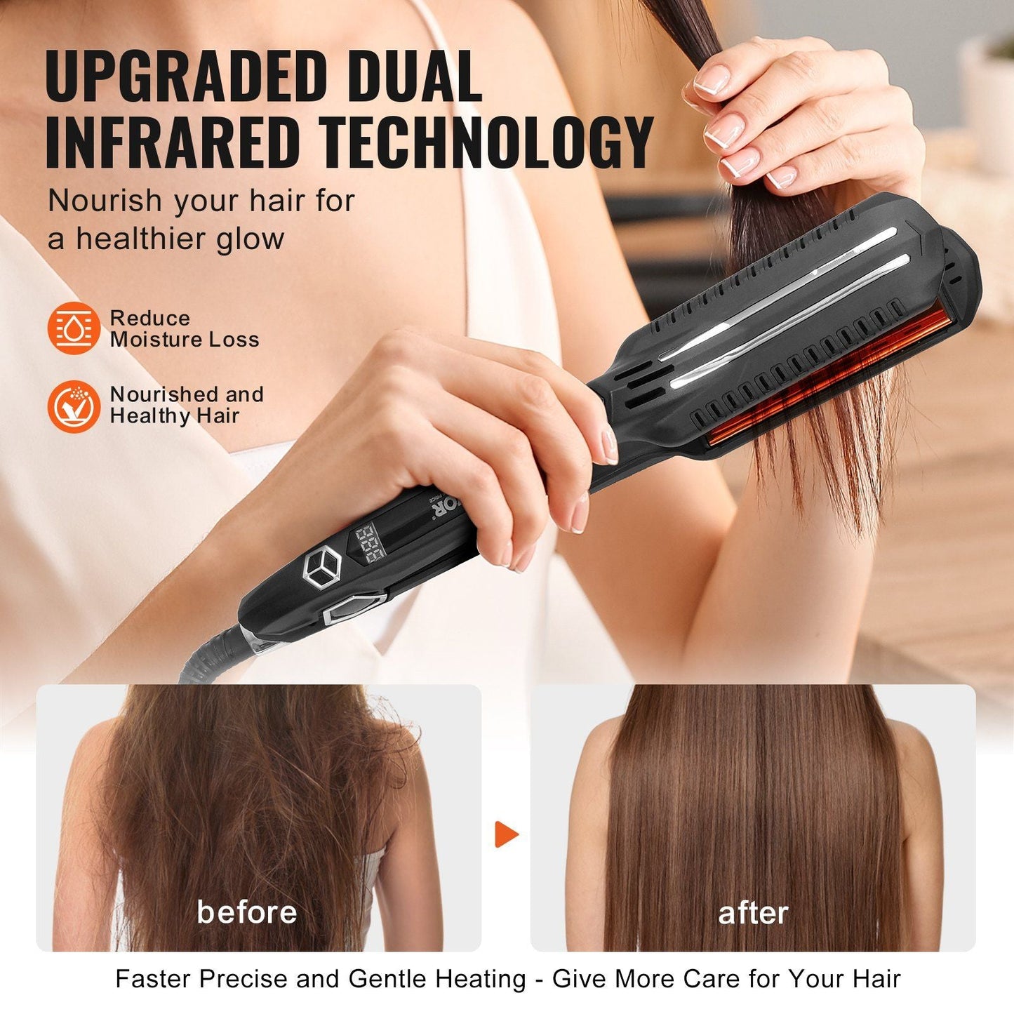 VEVOR Hair Straightener, 1.5-inch Titanium Flat Iron, Dual Infrared Hair Straightener Flat Iron with LCD Display and 19 Temp Levels - 210 to 450 F, Fast Heating Hair Iron for Salon Home Travel Use 7DAY'S
