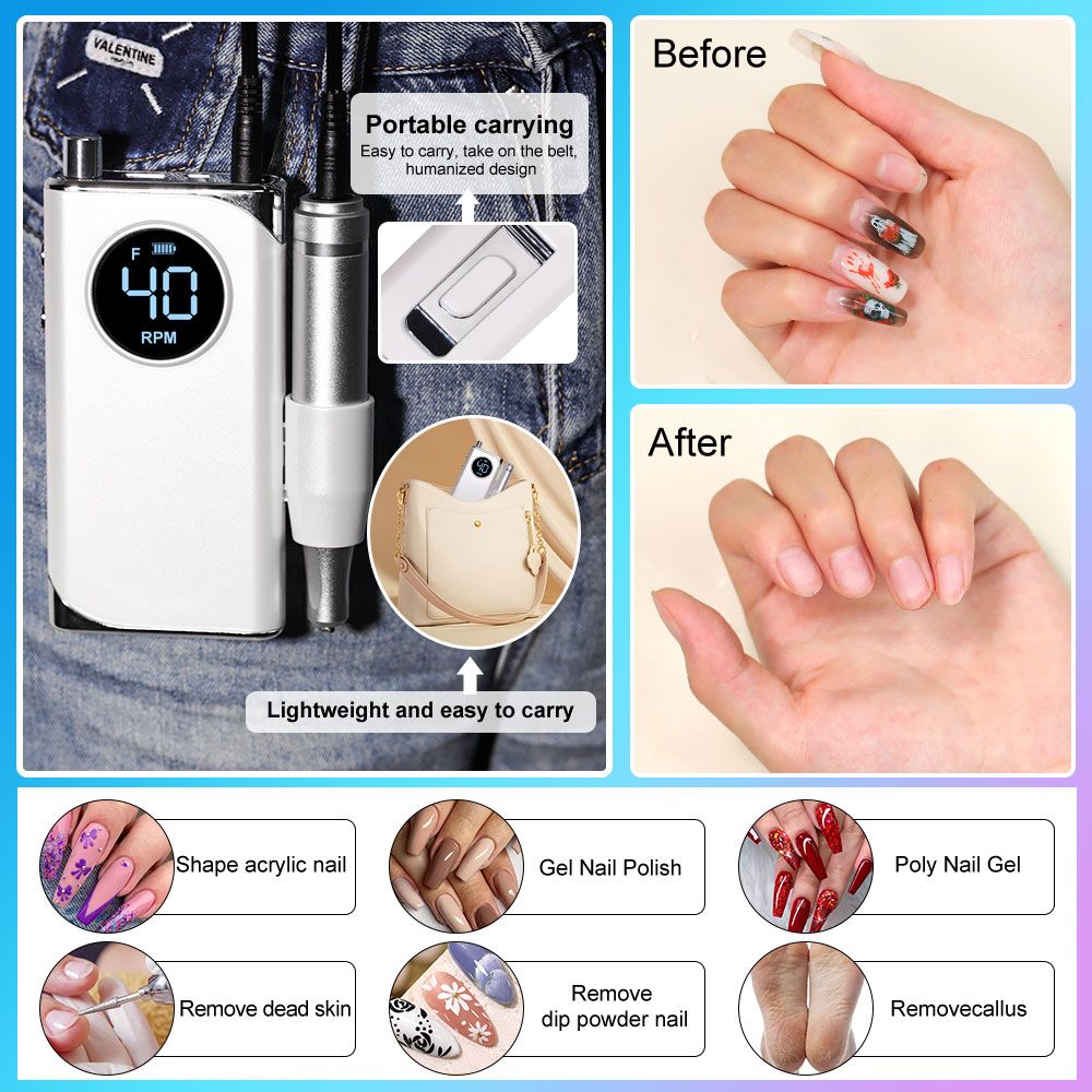 40000RPM Nail Drill Machine Electric Portable Nail File Rechargeable Nail Sander for Gel Nails Polishing For Home Manicure Salon 7DAY'S