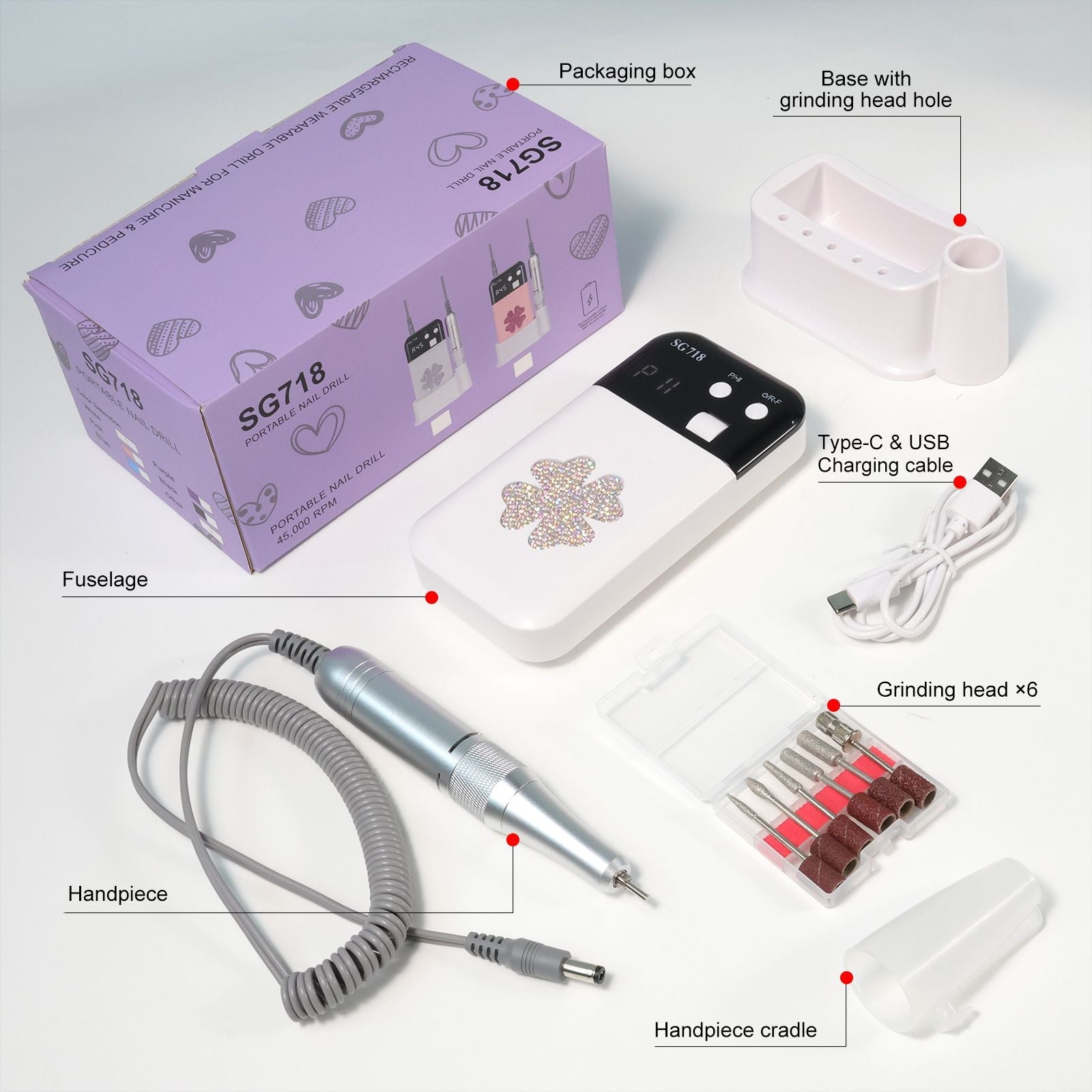 Nail Drill, Portable Electric Nail File 45000RPM, Rechargeable Nail Drill Professional with Bits & Base, for Acrylic Gel Nails, E-File Machine, Manicure Polishing, for Salon Home 7DAY'S