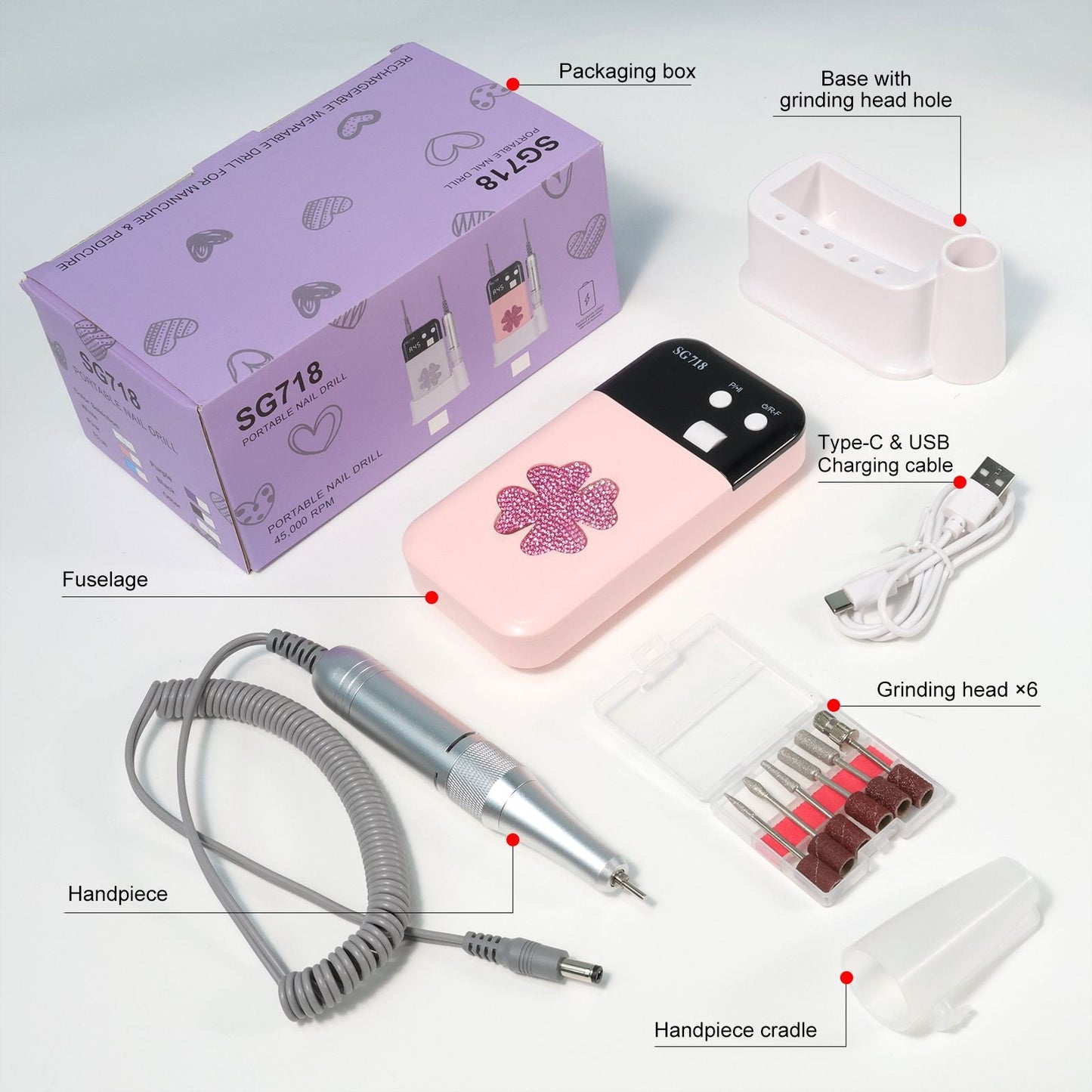 Nail Drill, Portable Electric Nail File 45000RPM, Rechargeable Nail Drill Professional with Bits & Base, for Acrylic Gel Nails, E-File Machine, Manicure Polishing, for Salon Home 7DAY'S