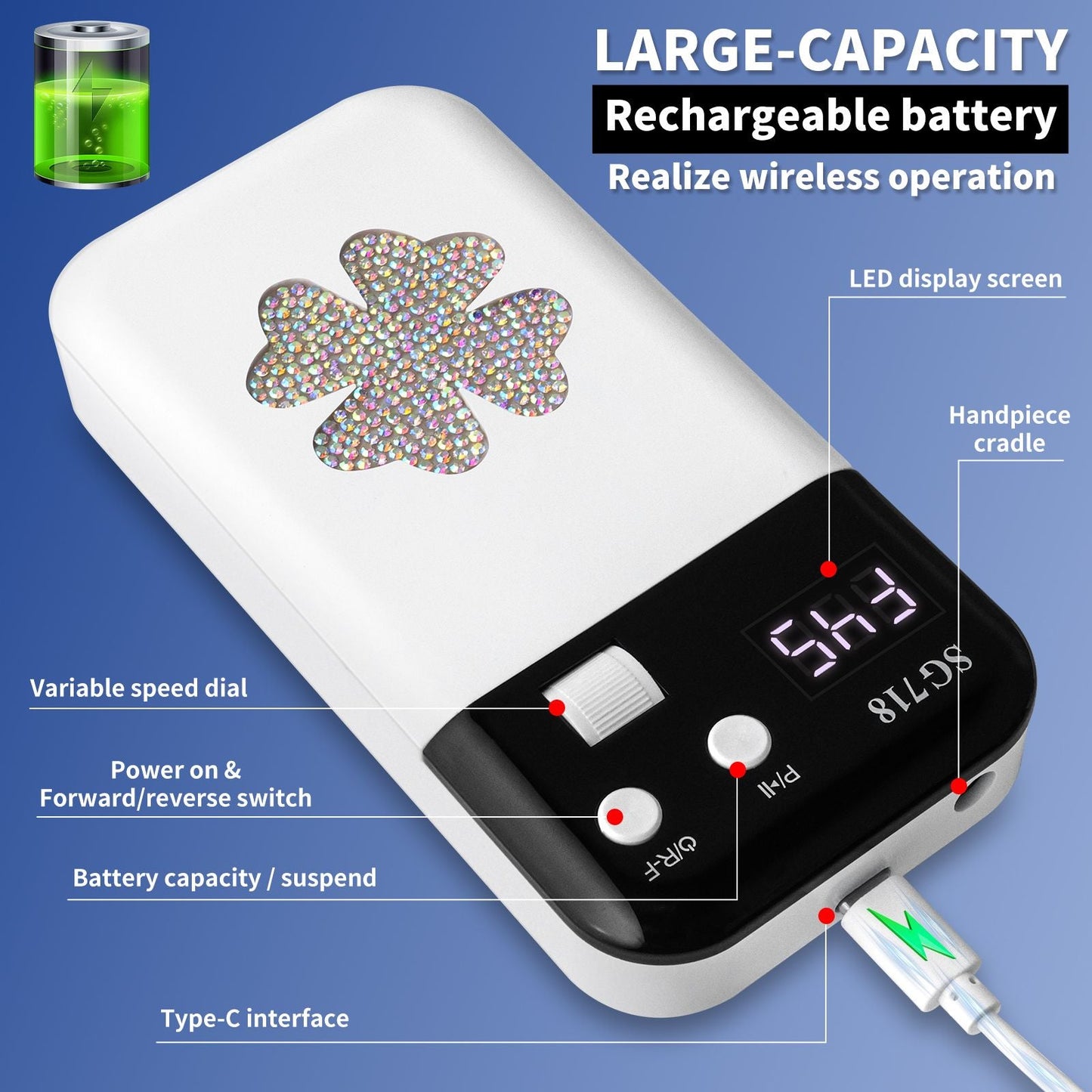 Nail Drill, Portable Electric Nail File 45000RPM, Rechargeable Nail Drill Professional with Bits & Base, for Acrylic Gel Nails, E-File Machine, Manicure Polishing, for Salon Home 7DAY'S