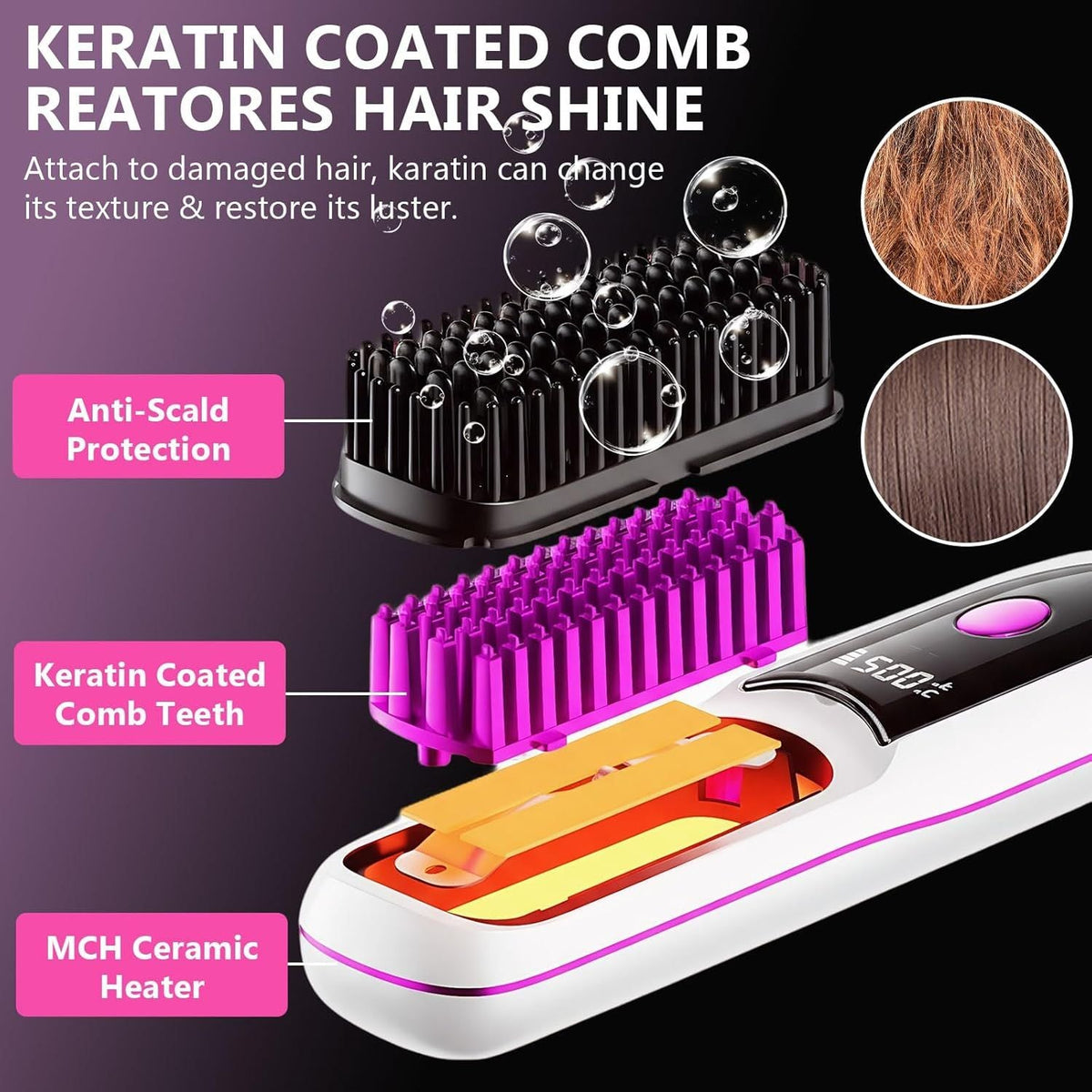 Hair Straightener, Cordless Hair Straightening Brush Portable Cordless Comb with Base Negative Ion Rechargeable Brush for Frizz-Free Shine Straightening, 6400mAh Fast Heating (Black) Uncle LOL