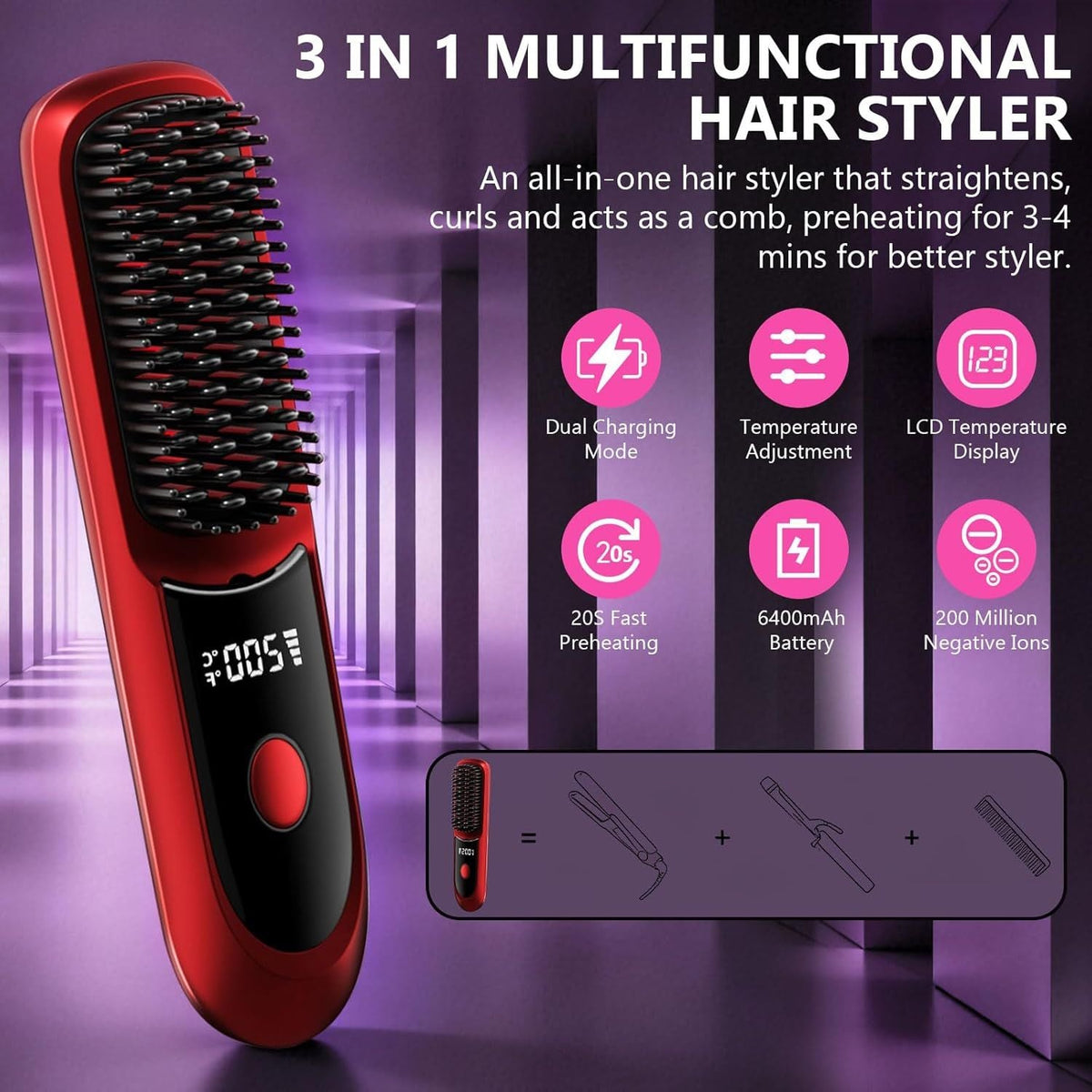Hair Straightener, Cordless Hair Straightening Brush Portable Cordless Comb with Base Negative Ion Rechargeable Brush for Frizz-Free Shine Straightening, 6400mAh Fast Heating (Black) Uncle LOL