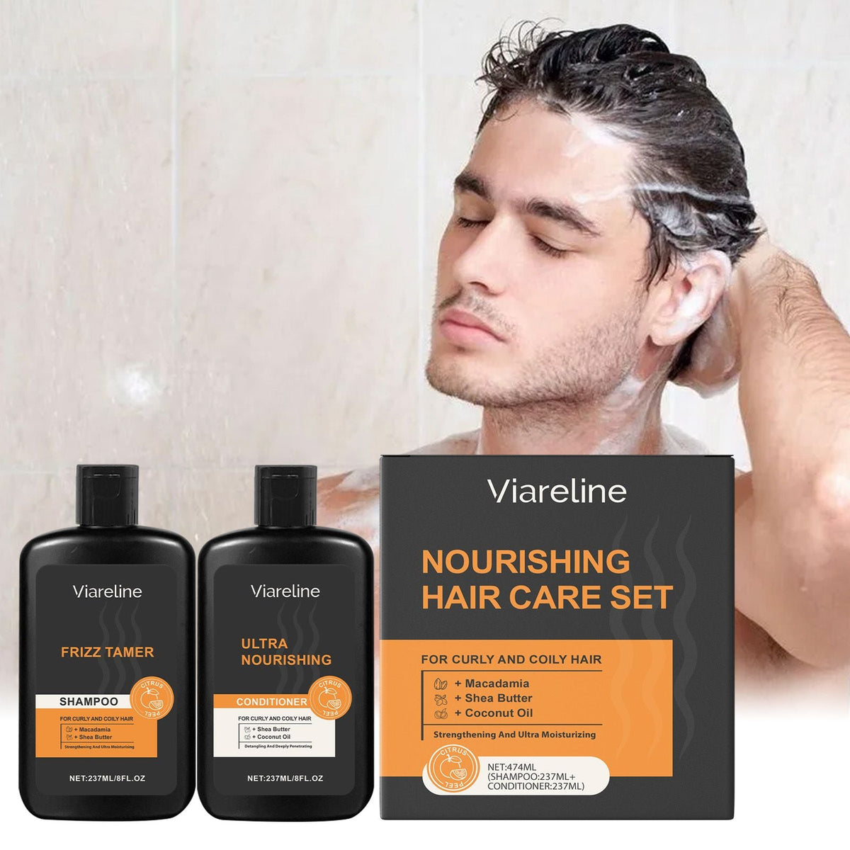 Men Curly Coily Hair Shampoo & Conditioner Set, Frizz Tamer Ultra Nourishing Hair Care Kit with Macadamia Shea Butter Coconut Oil, Deep Moisturizing Strengthen Dry Frizzy Wavy Hair, 237ml*2 Citrus Sce Uncle LOL