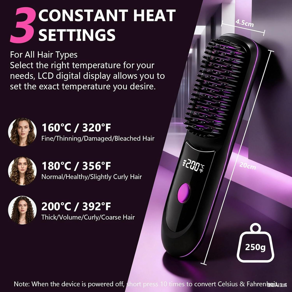Hair Straightener, Cordless Hair Straightening Brush Portable Cordless Comb with Base Negative Ion Rechargeable Brush for Frizz-Free Shine Straightening, 6400mAh Fast Heating (Black) Uncle LOL
