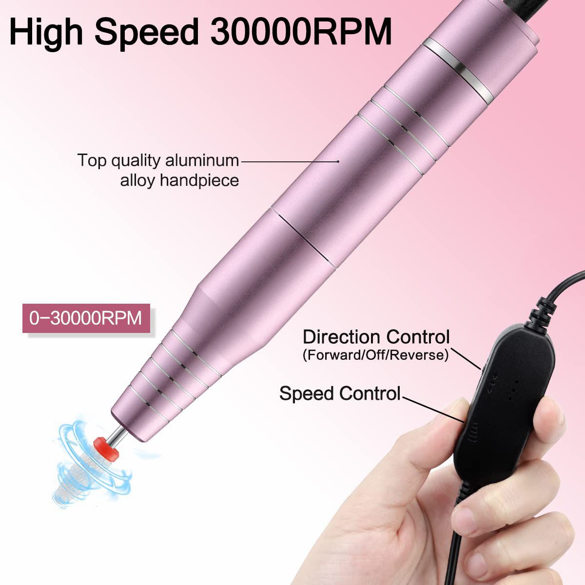 30000RPM USB Nail Drill Machine for Acrylic Nail Gel Polish Milling Smoothing Calluses Manicure Machine Nail Art Salon Equipment (Pink) 7DAY'S