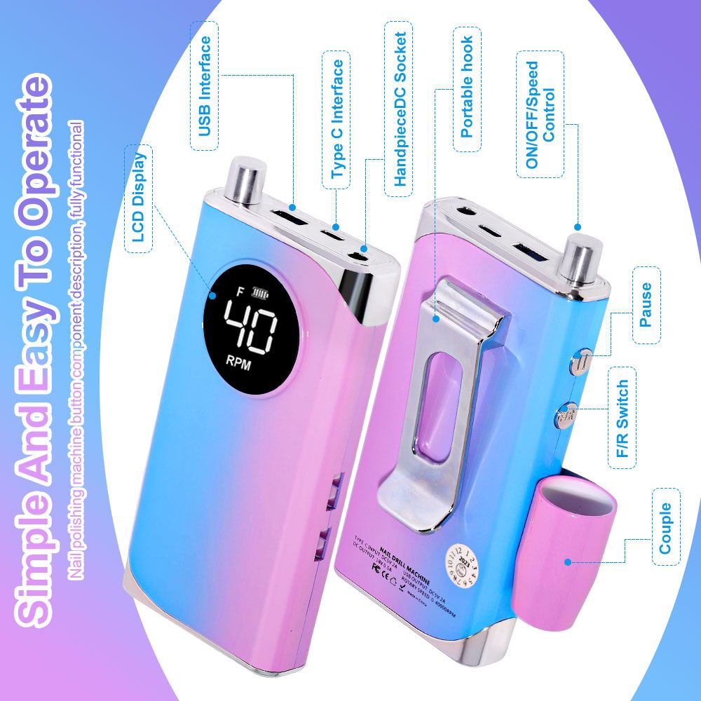 40000RPM Nail Drill Machine Electric Portable Nail File Rechargeable Nail Sander for Gel Nails Polishing For Home Manicure Salon 7DAY'S