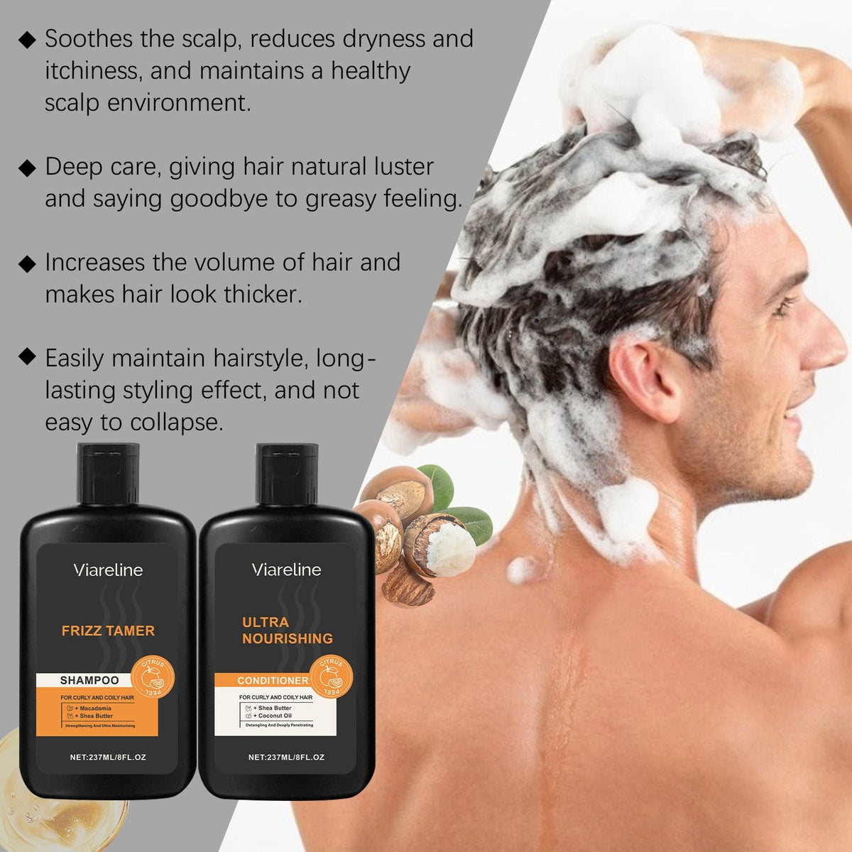Men Curly Coily Hair Shampoo & Conditioner Set, Frizz Tamer Ultra Nourishing Hair Care Kit with Macadamia Shea Butter Coconut Oil, Deep Moisturizing Strengthen Dry Frizzy Wavy Hair, 237ml*2 Citrus Sce Uncle LOL
