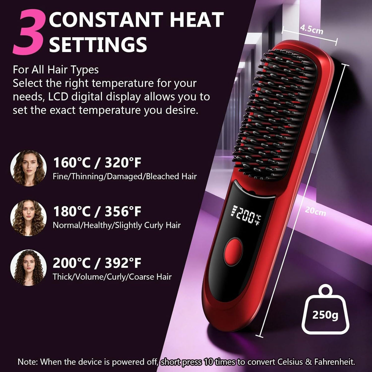 Hair Straightener, Cordless Hair Straightening Brush Portable Cordless Comb with Base Negative Ion Rechargeable Brush for Frizz-Free Shine Straightening, 6400mAh Fast Heating (Black) Uncle LOL
