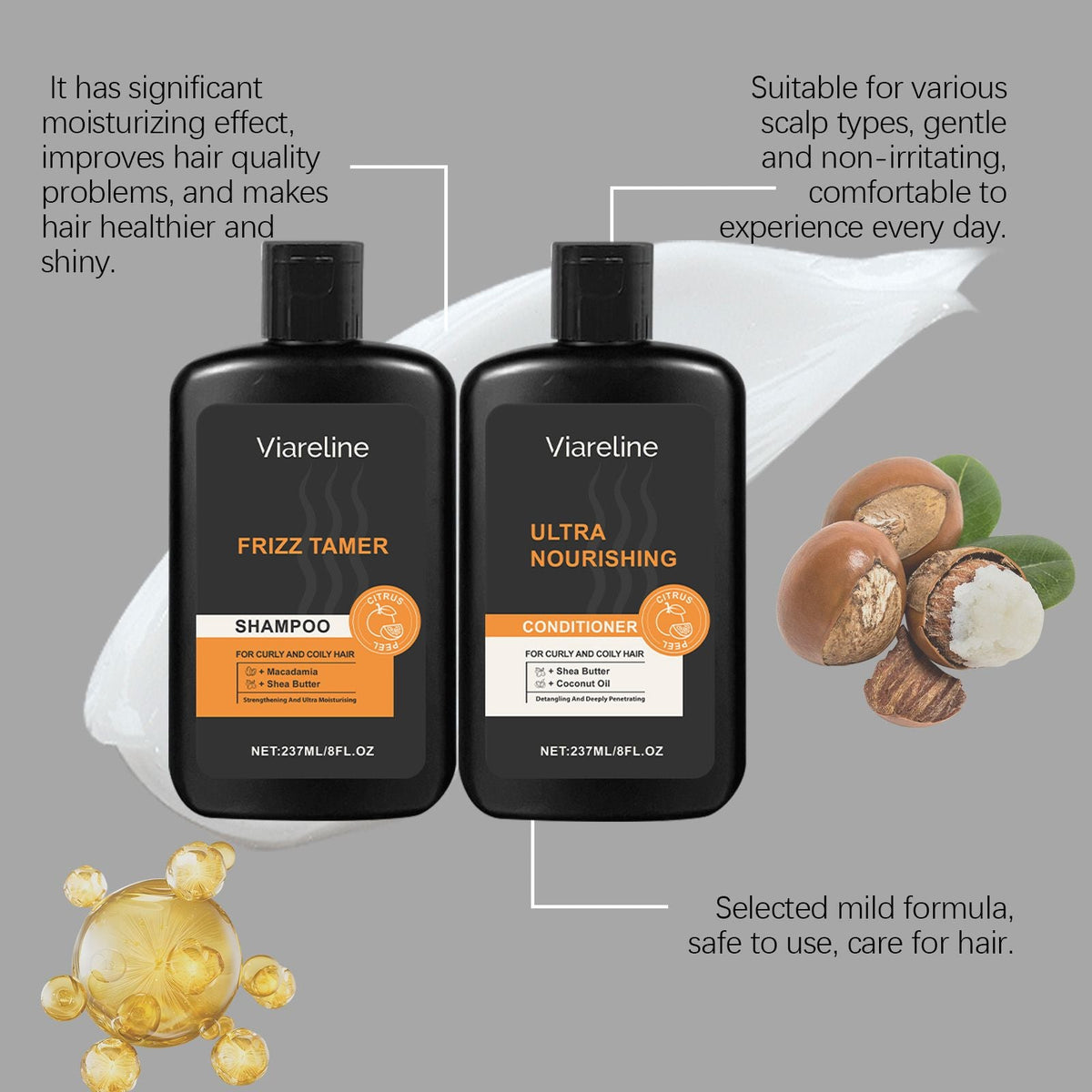 Men Curly Coily Hair Shampoo & Conditioner Set, Frizz Tamer Ultra Nourishing Hair Care Kit with Macadamia Shea Butter Coconut Oil, Deep Moisturizing Strengthen Dry Frizzy Wavy Hair, 237ml*2 Citrus Sce Uncle LOL