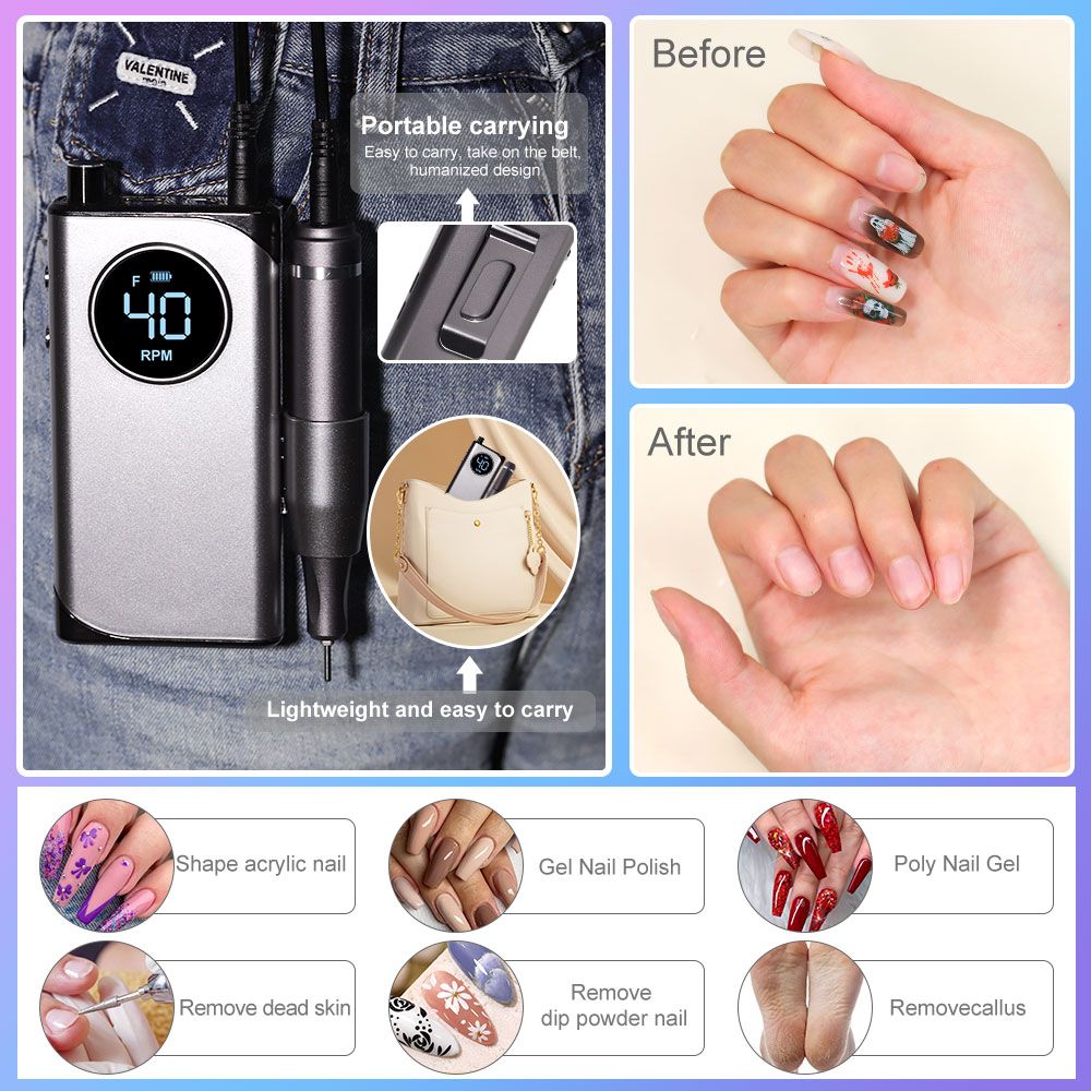 40000RPM Nail Drill Machine Electric Portable Nail File Rechargeable Nail Sander for Gel Nails Polishing For Home Manicure Salon 7DAY'S