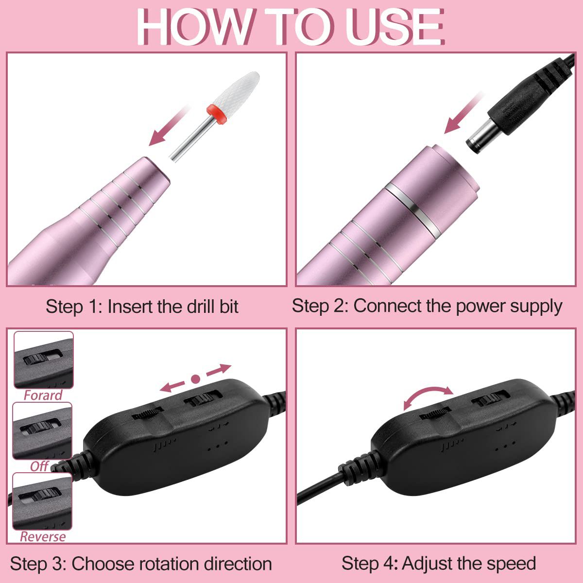 30000RPM USB Nail Drill Machine for Acrylic Nail Gel Polish Milling Smoothing Calluses Manicure Machine Nail Art Salon Equipment (Pink) 7DAY'S