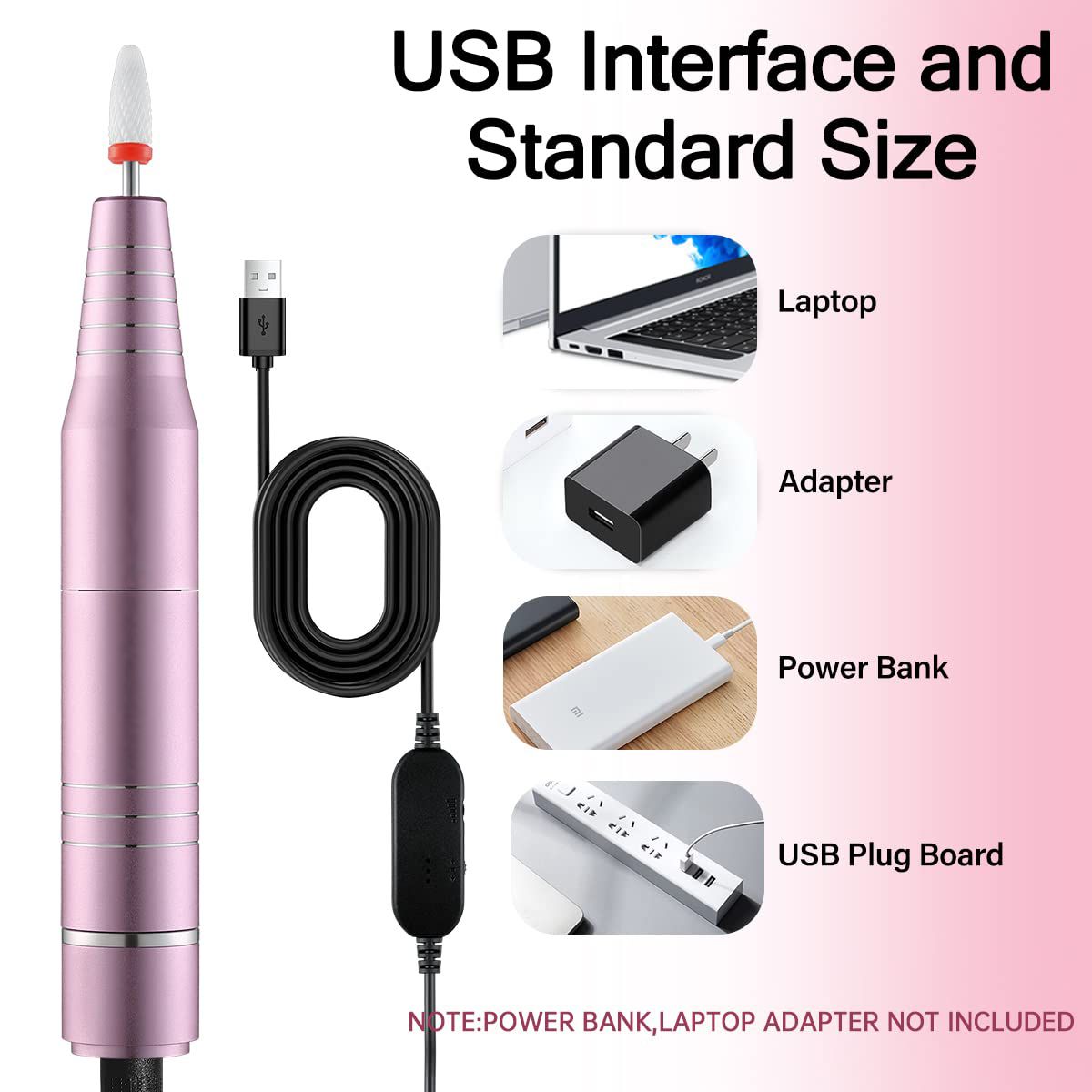 30000RPM USB Nail Drill Machine for Acrylic Nail Gel Polish Milling Smoothing Calluses Manicure Machine Nail Art Salon Equipment (Pink) 7DAY'S