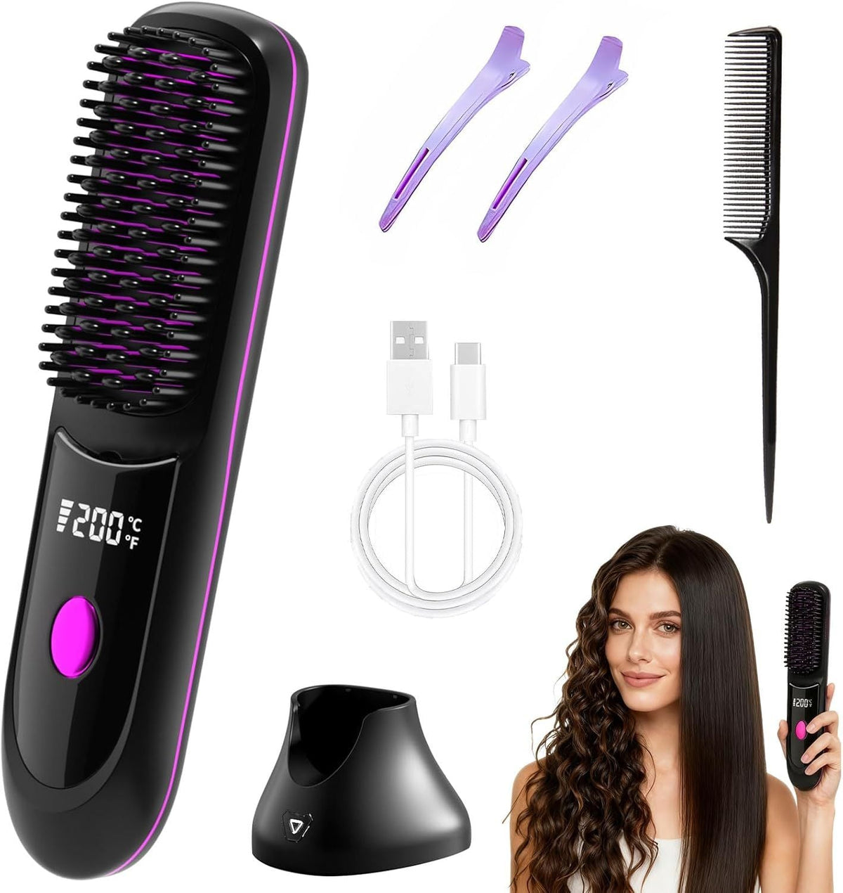 Hair Straightener, Cordless Hair Straightening Brush Portable Cordless Comb with Base Negative Ion Rechargeable Brush for Frizz-Free Shine Straightening, 6400mAh Fast Heating (Black) Uncle LOL
