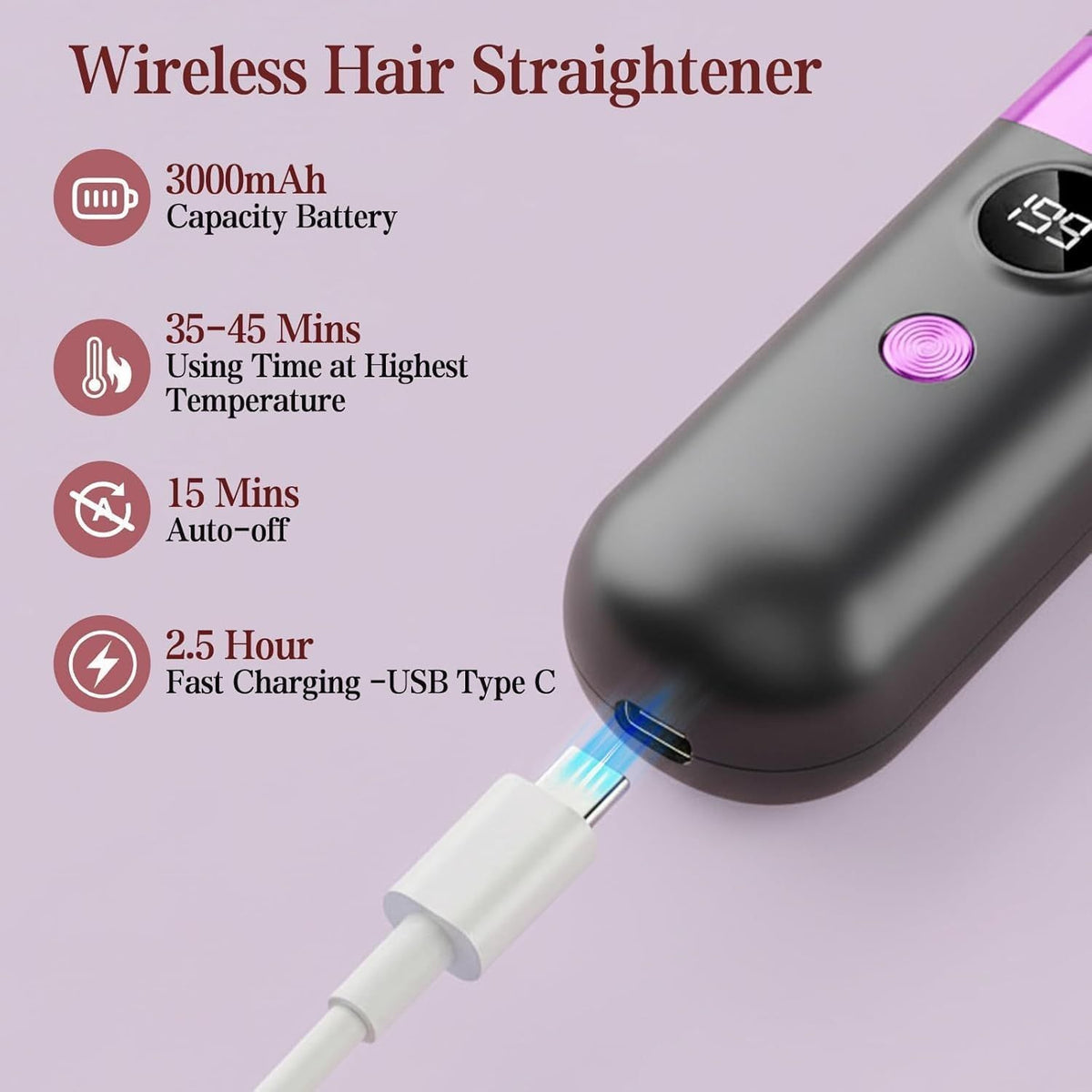 Cordless Hair Straightener Brush - Portable Rechargeable Ceramic Styling Brush with 4 Adjustable Heat Modes & LED Display, Perfect for Travel & Everyday Use (Black) Uncle LOL