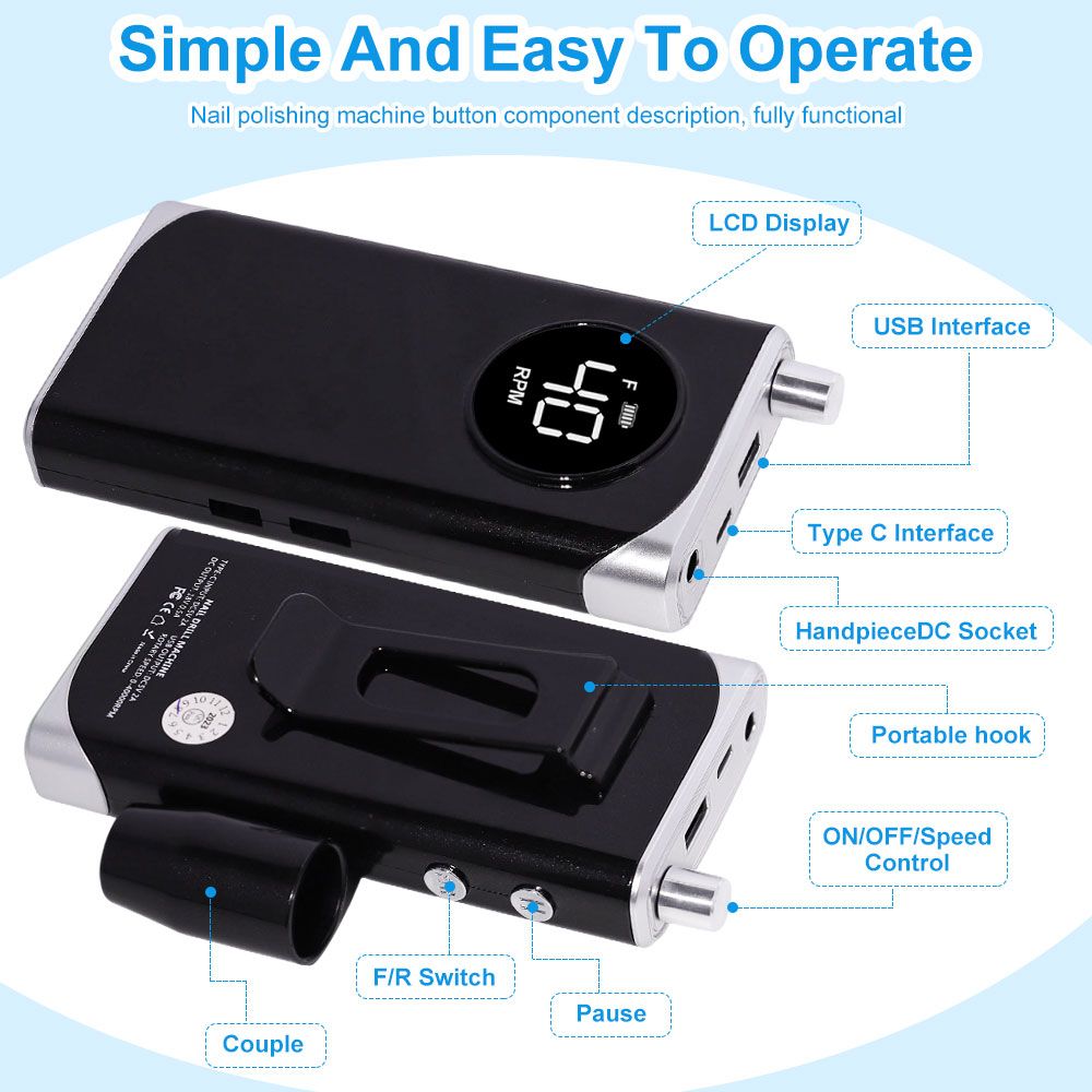 40000RPM Nail Drill Machine Electric Portable Nail File Rechargeable Nail Sander for Gel Nails Polishing For Home Manicure Salon 7DAY'S