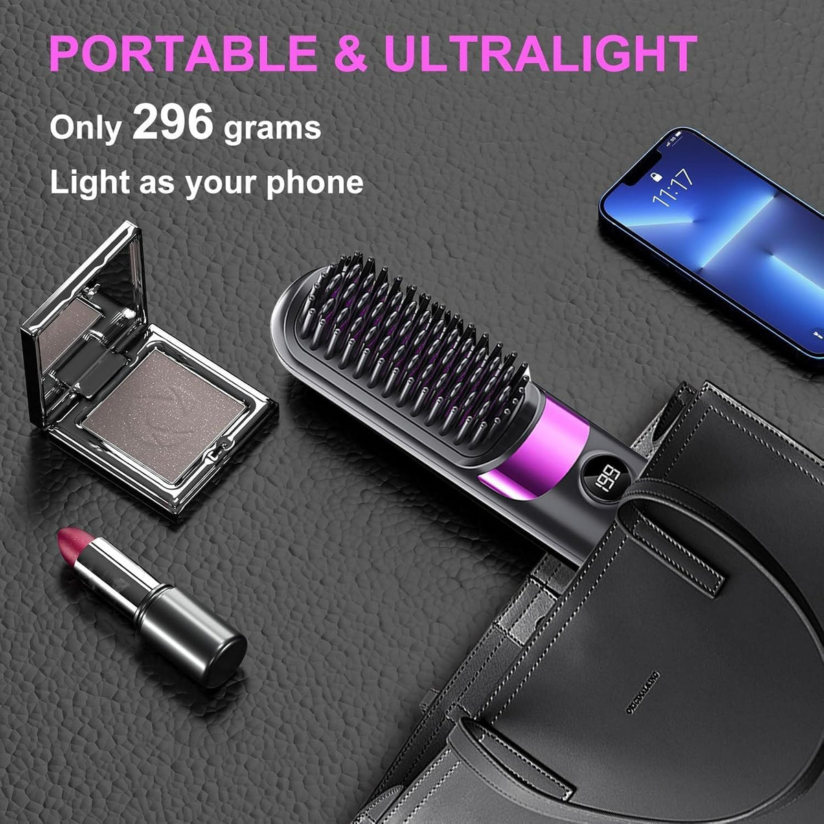 Cordless Hair Straightener Brush - Portable Rechargeable Ceramic Styling Brush with 4 Adjustable Heat Modes & LED Display, Perfect for Travel & Everyday Use (Black) Uncle LOL