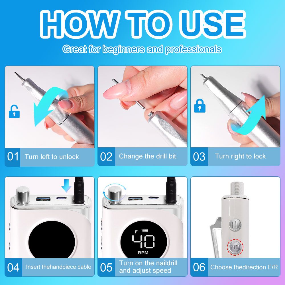 40000RPM Nail Drill Machine Electric Portable Nail File Rechargeable Nail Sander for Gel Nails Polishing For Home Manicure Salon 7DAY'S