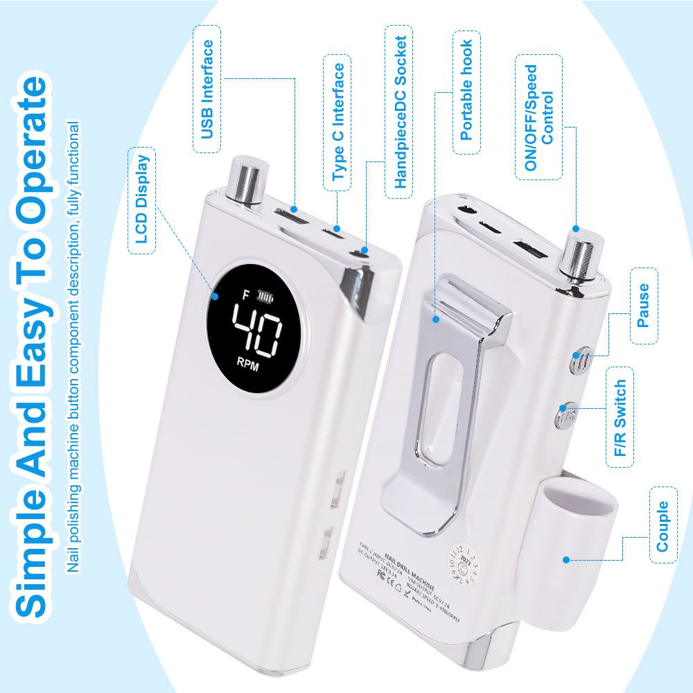 40000RPM Nail Drill Machine Electric Portable Nail File Rechargeable Nail Sander for Gel Nails Polishing For Home Manicure Salon 7DAY'S