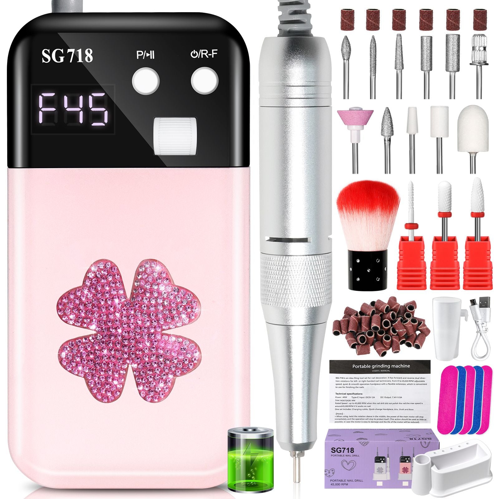 Nail Drill, Portable Electric Nail File 45000RPM, Rechargeable Nail Drill Professional with Bits & Base, for Acrylic Gel Nails, E-File Machine, Manicure Polishing, for Salon Home 7DAY'S
