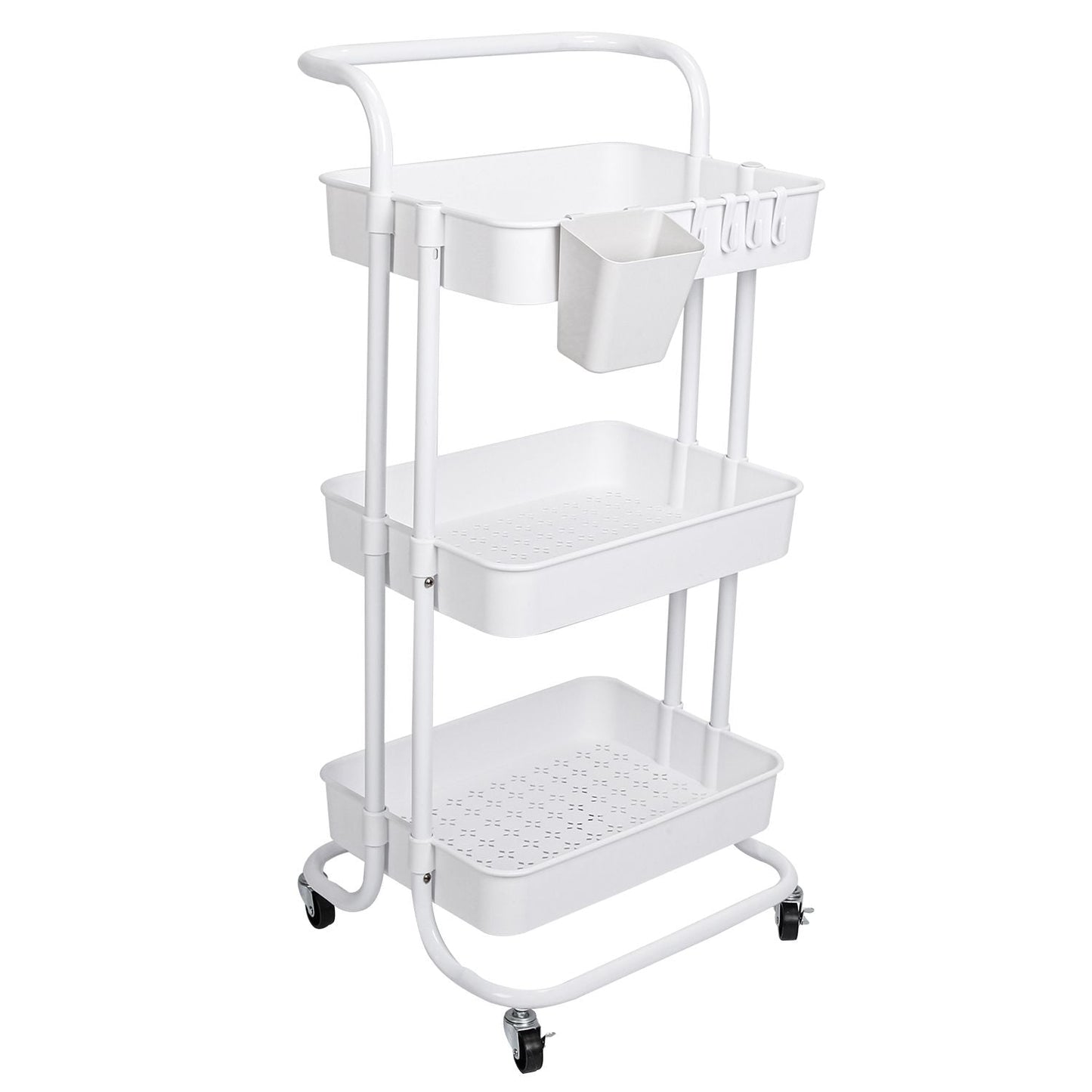 3 Tier Rolling Utility Cart Movable Storage Organizer with Mesh Baskets Lockable Wheels 360 Degree Rotatable Hanging Box Hooks Bedroom Bathroom Kitchen