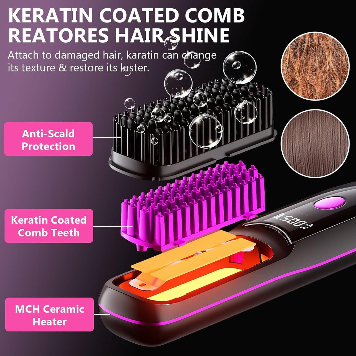 Hair Straightener, Cordless Hair Straightening Brush Portable Cordless Comb with Base Negative Ion Rechargeable Brush for Frizz-Free Shine Straightening, 6400mAh Fast Heating (Black) Uncle LOL