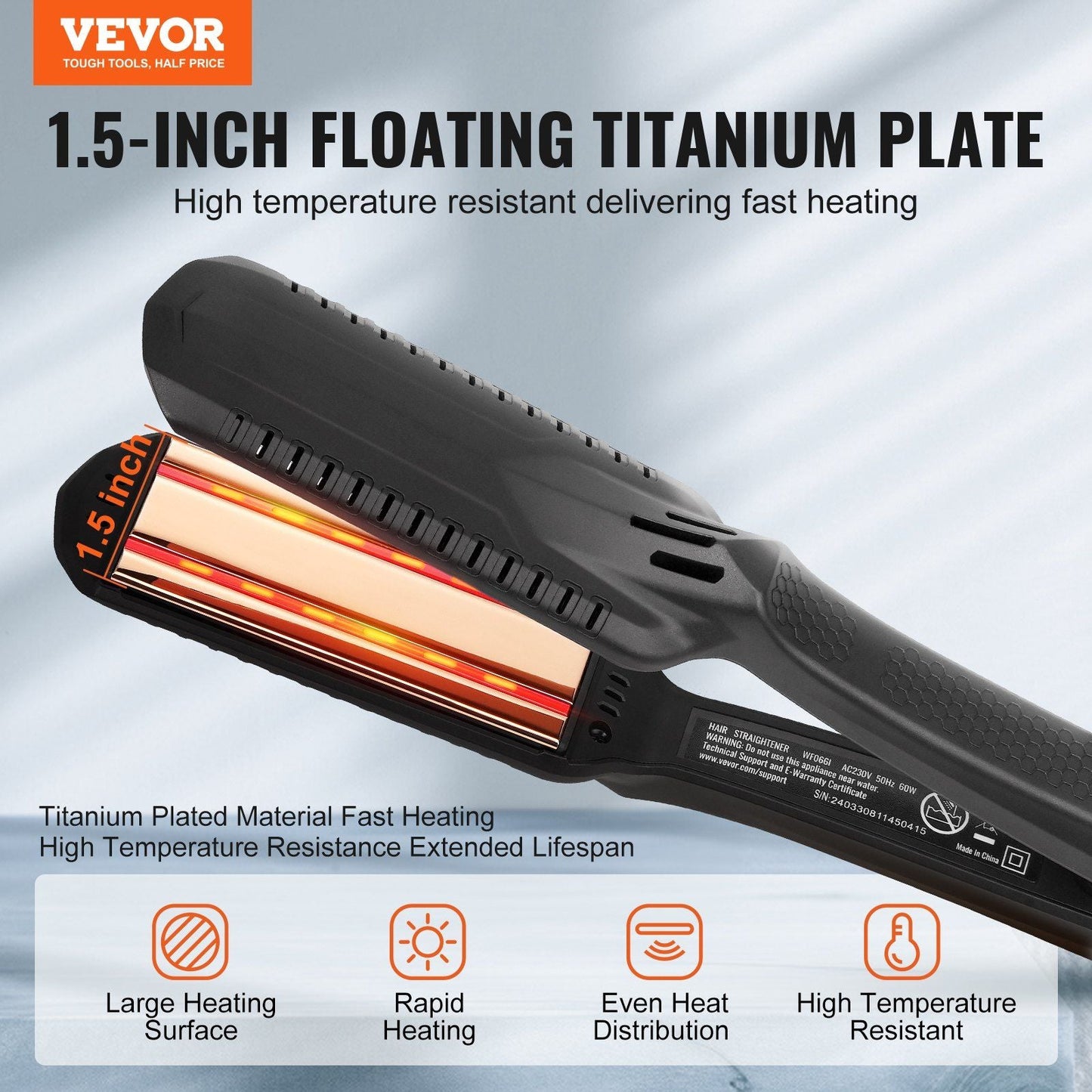 VEVOR Hair Straightener, 1.5-inch Titanium Flat Iron, Dual Infrared Hair Straightener Flat Iron with LCD Display and 19 Temp Levels - 210 to 450 F, Fast Heating Hair Iron for Salon Home Travel Use 7DAY'S