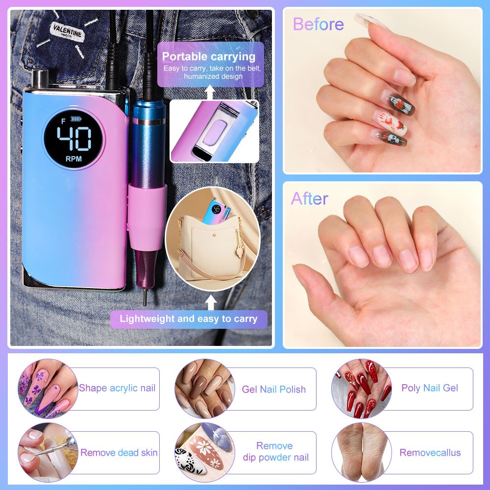 40000RPM Nail Drill Machine Electric Portable Nail File Rechargeable Nail Sander for Gel Nails Polishing For Home Manicure Salon 7DAY'S