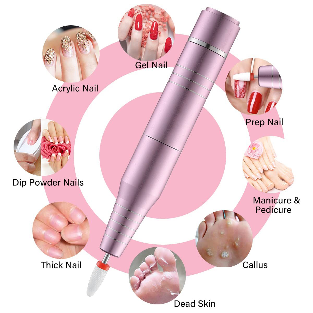 30000RPM USB Nail Drill Machine for Acrylic Nail Gel Polish Milling Smoothing Calluses Manicure Machine Nail Art Salon Equipment (Pink) 7DAY'S