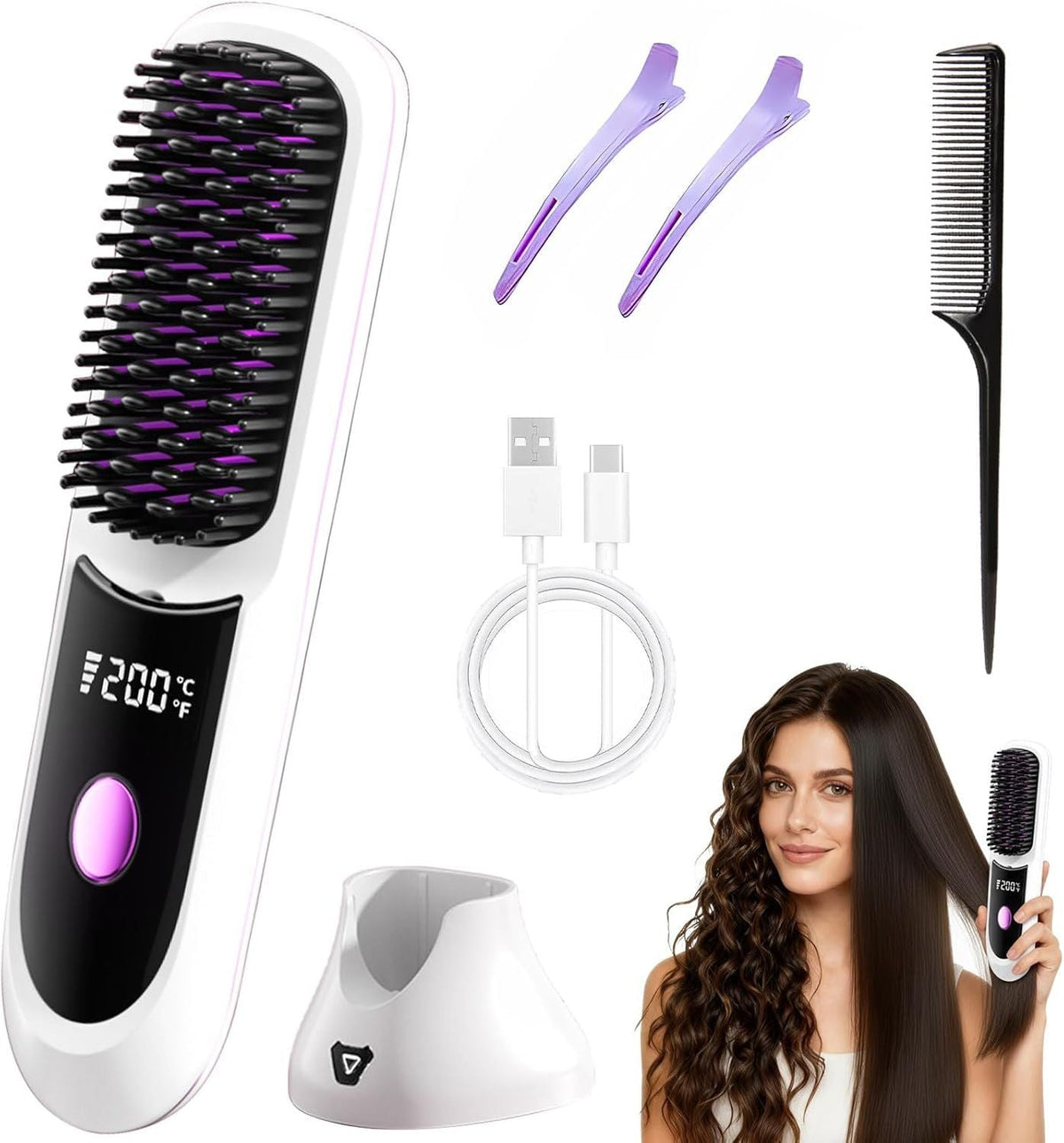 Hair Straightener, Cordless Hair Straightening Brush Portable Cordless Comb with Base Negative Ion Rechargeable Brush for Frizz-Free Shine Straightening, 6400mAh Fast Heating (Black) Uncle LOL