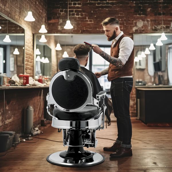 PVC leather, silver plated aluminum alloy frame, extra large pump disc with towel rack, square seat cushion without buttons, reclining hair salon chair 150kg silver 7DAY'S