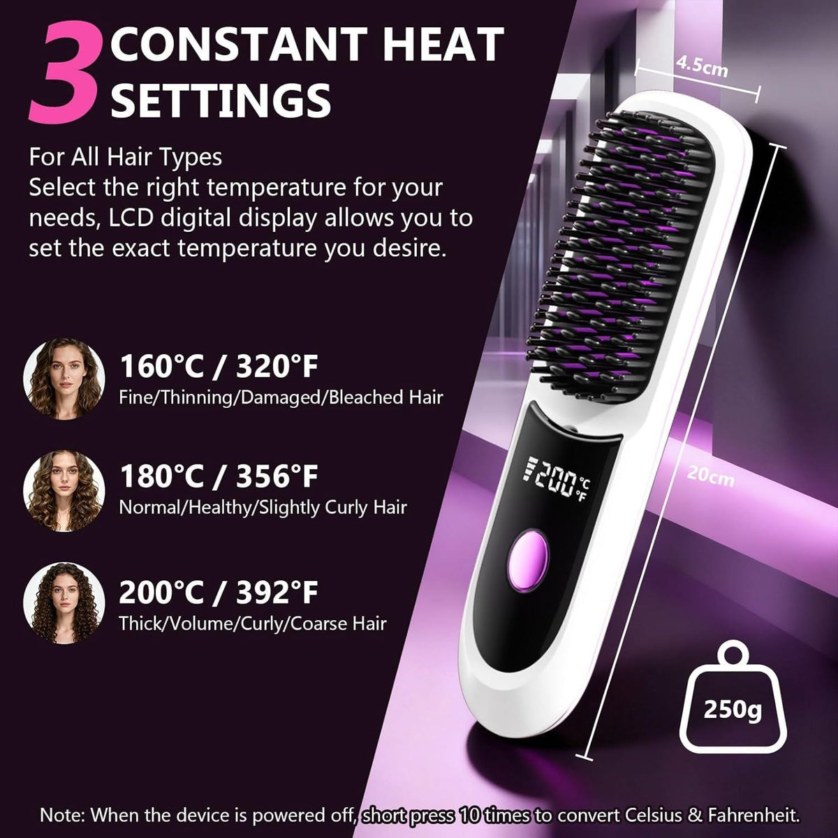 Hair Straightener, Cordless Hair Straightening Brush Portable Cordless Comb with Base Negative Ion Rechargeable Brush for Frizz-Free Shine Straightening, 6400mAh Fast Heating (Black) Uncle LOL