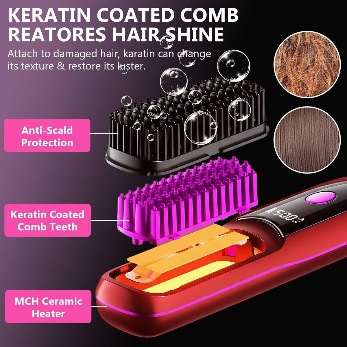 Hair Straightener, Cordless Hair Straightening Brush Portable Cordless Comb with Base Negative Ion Rechargeable Brush for Frizz-Free Shine Straightening, 6400mAh Fast Heating (Black) Uncle LOL