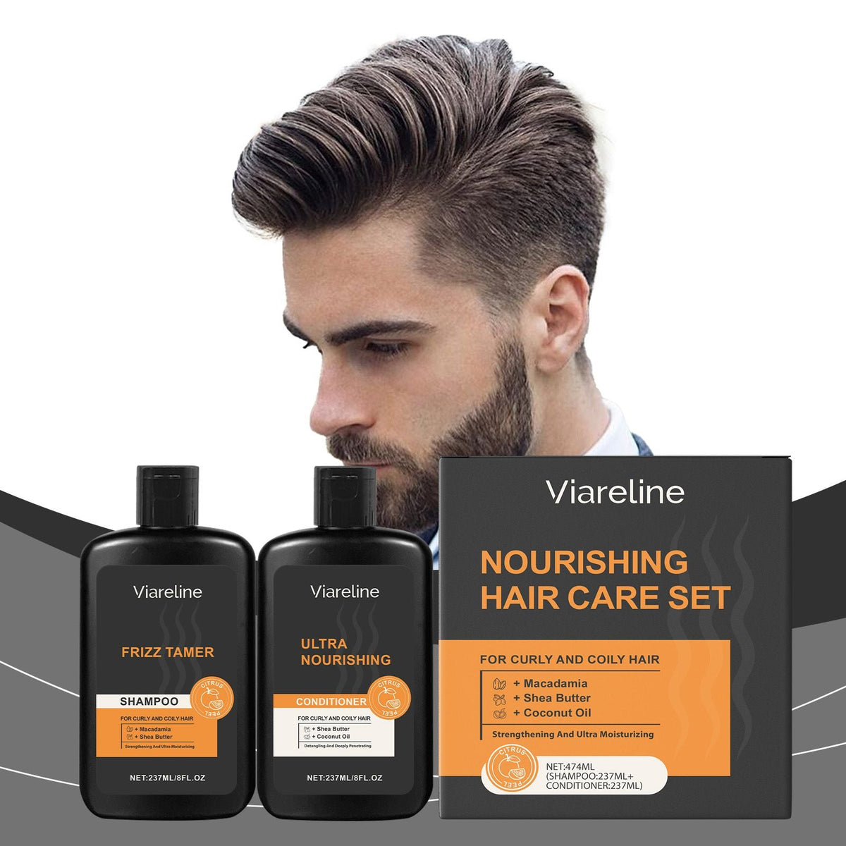 Men Curly Coily Hair Shampoo & Conditioner Set, Frizz Tamer Ultra Nourishing Hair Care Kit with Macadamia Shea Butter Coconut Oil, Deep Moisturizing Strengthen Dry Frizzy Wavy Hair, 237ml*2 Citrus Sce Uncle LOL
