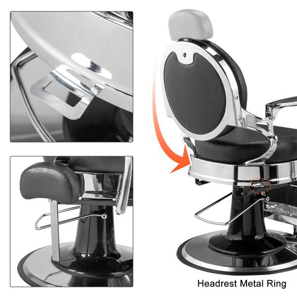 PVC leather, silver plated aluminum alloy frame, extra large pump disc with towel rack, square seat cushion without buttons, reclining hair salon chair 150kg silver 7DAY'S