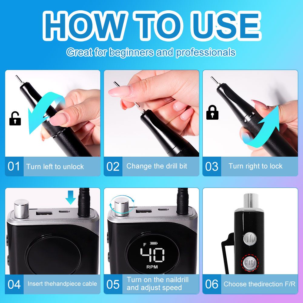 40000RPM Nail Drill Machine Electric Portable Nail File Rechargeable Nail Sander for Gel Nails Polishing For Home Manicure Salon 7DAY'S