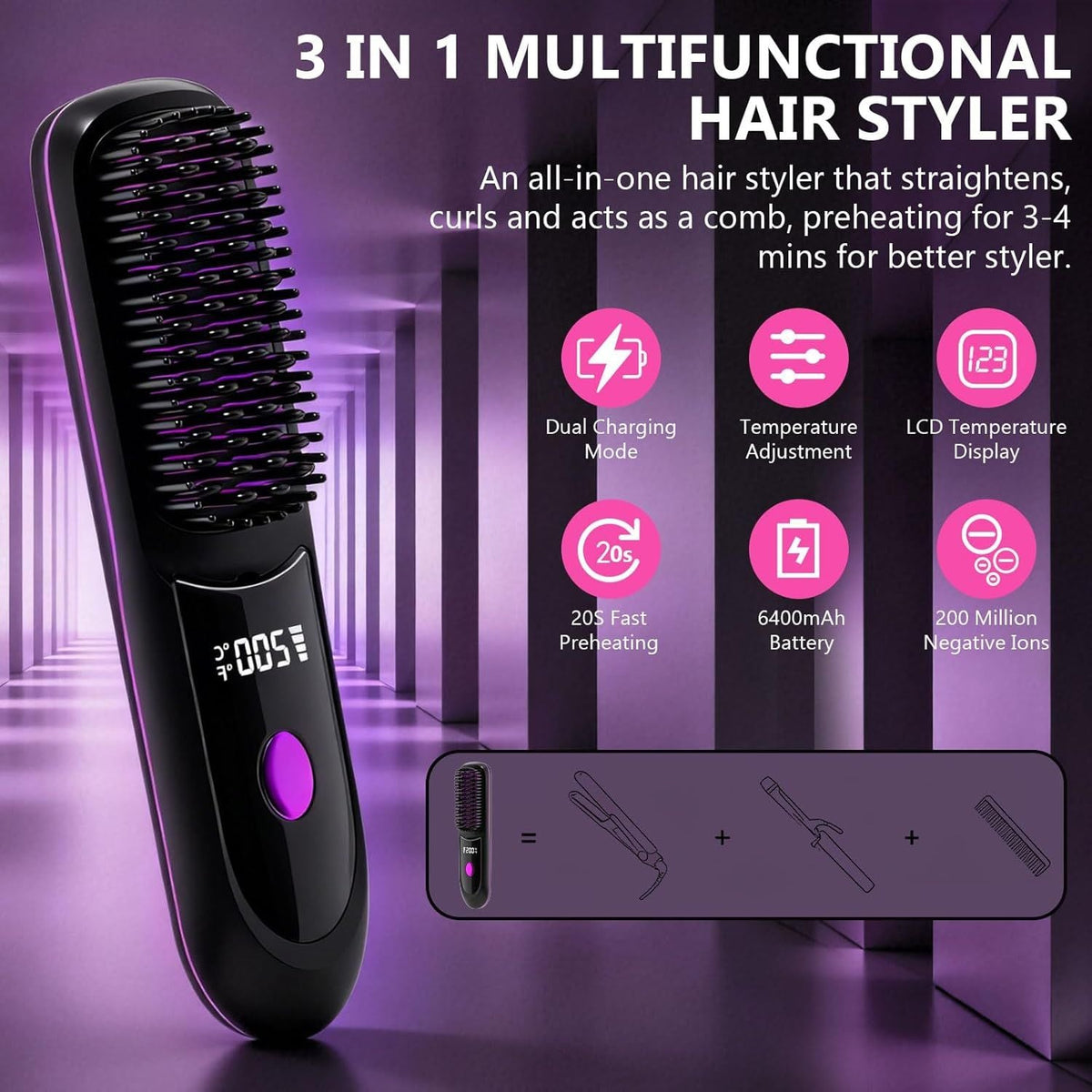 Hair Straightener, Cordless Hair Straightening Brush Portable Cordless Comb with Base Negative Ion Rechargeable Brush for Frizz-Free Shine Straightening, 6400mAh Fast Heating (Black) Uncle LOL