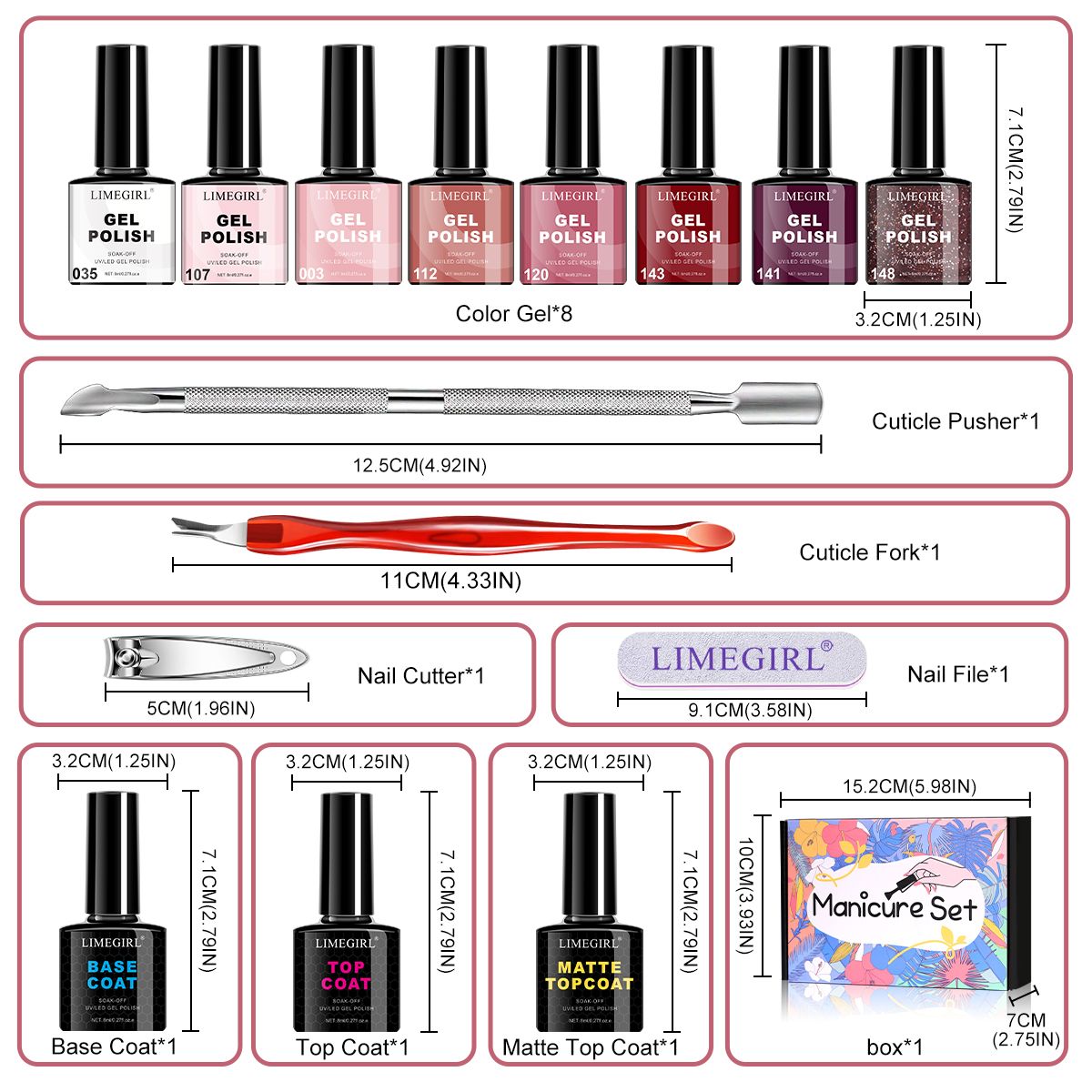 Limegirl Gel Nail Polish Set Gel Polish with Base Top Matte Top Coat Semi-permanent gel nail polish set All Season Manicure Tools Kit Nail Art Salon 7DAY'S
