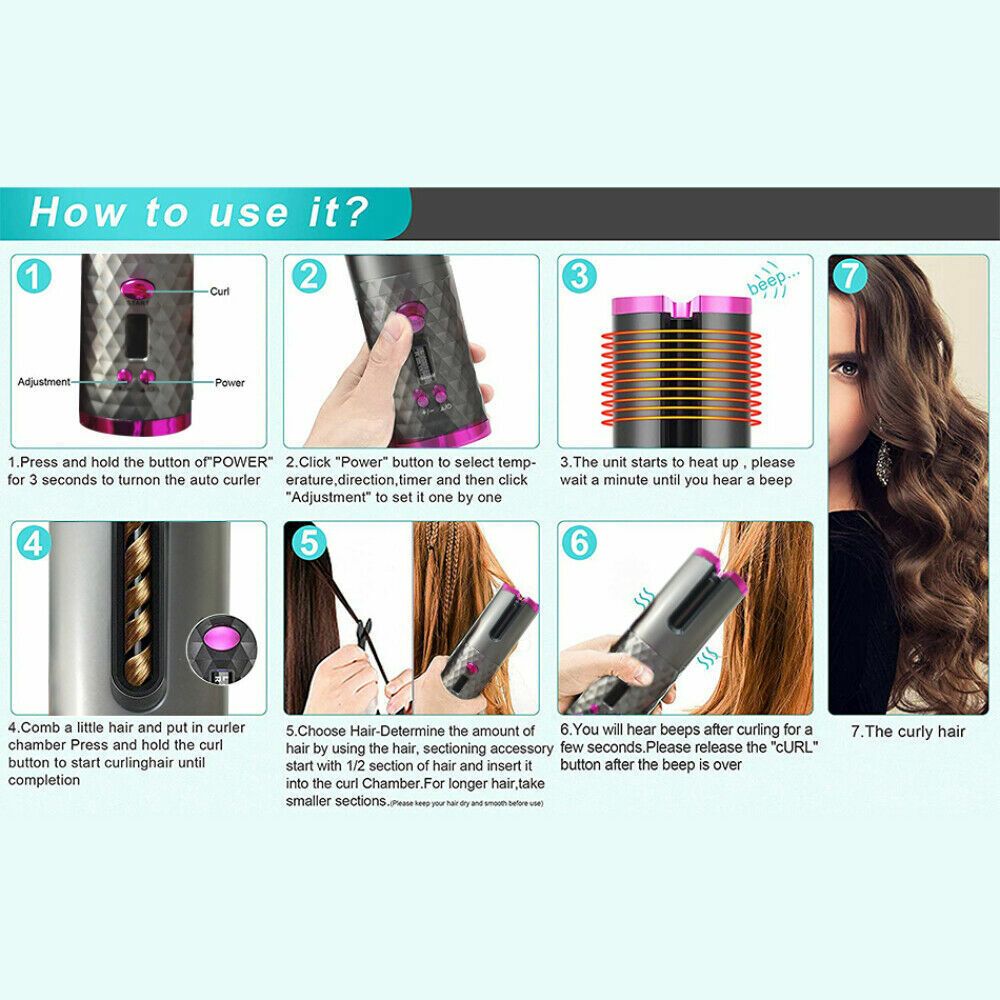 Hair Curler LCD Cordless Auto Rotating Waver Curling Iron Ceramic Wireless USA Uncle LOL