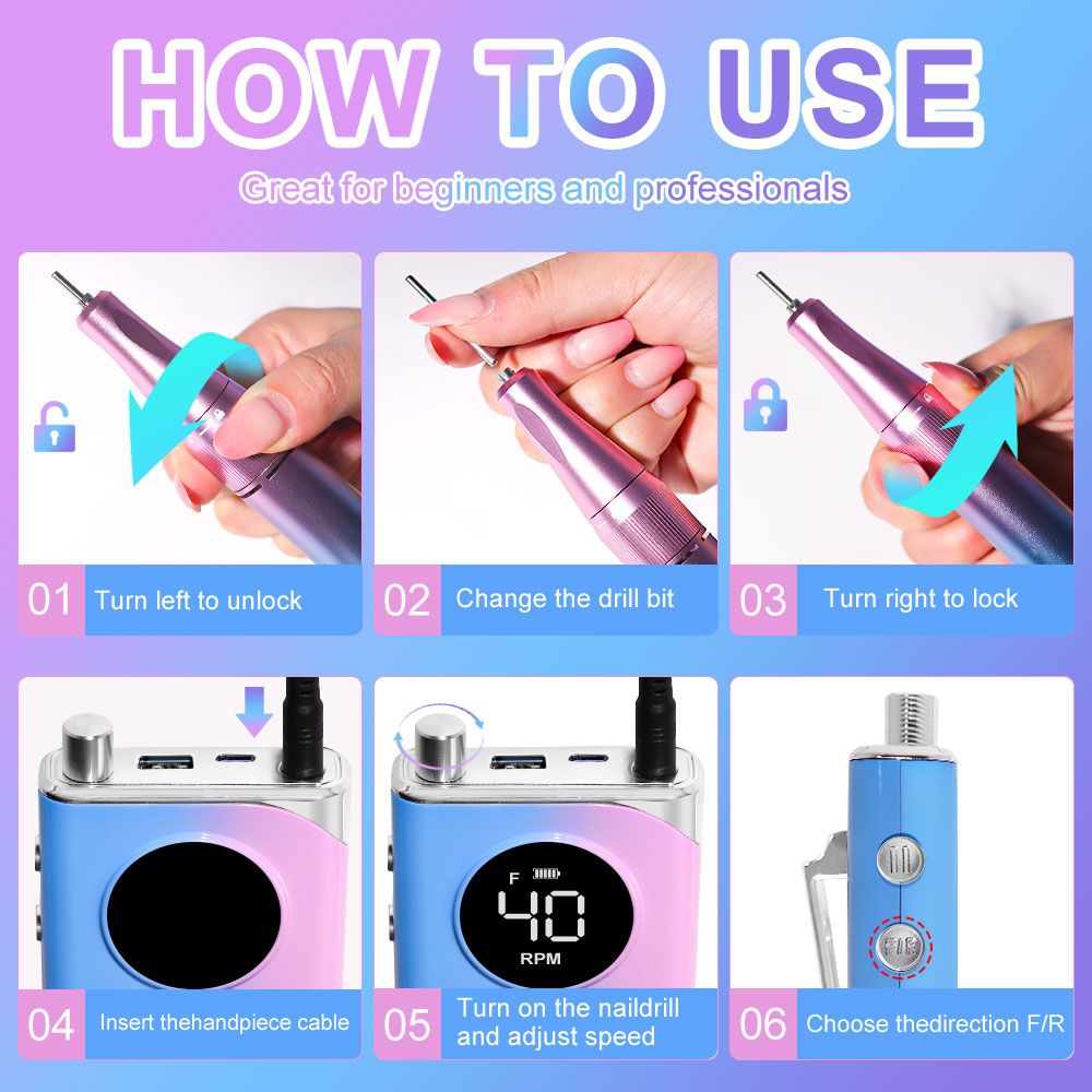 40000RPM Nail Drill Machine Electric Portable Nail File Rechargeable Nail Sander for Gel Nails Polishing For Home Manicure Salon 7DAY'S