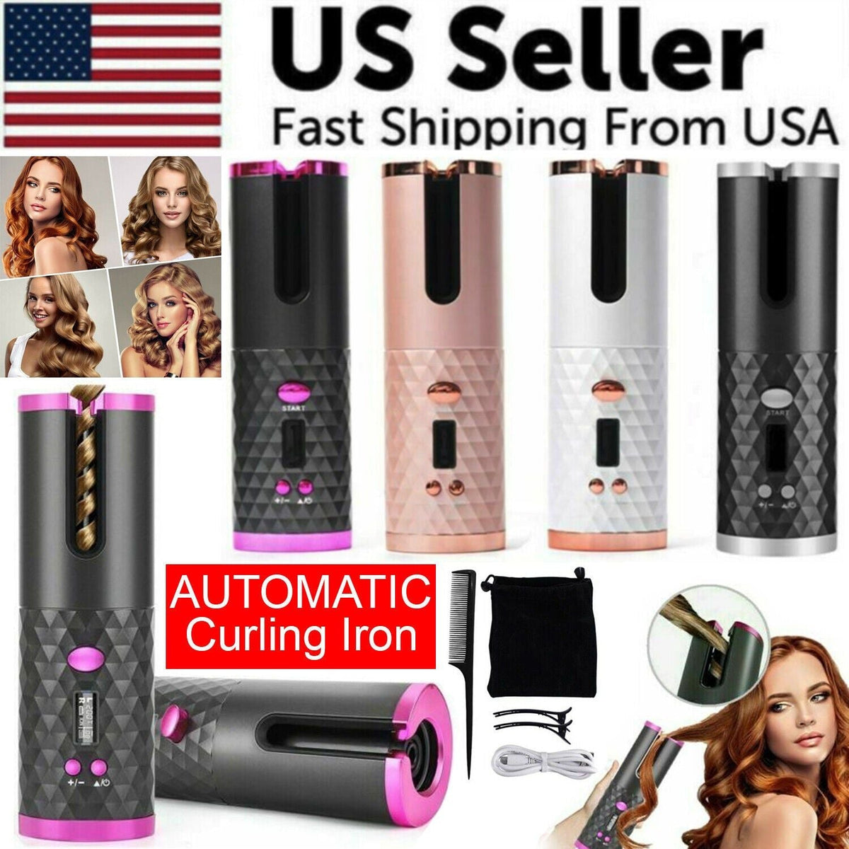Hair Curler LCD Cordless Auto Rotating Waver Curling Iron Ceramic Wireless USA Uncle LOL
