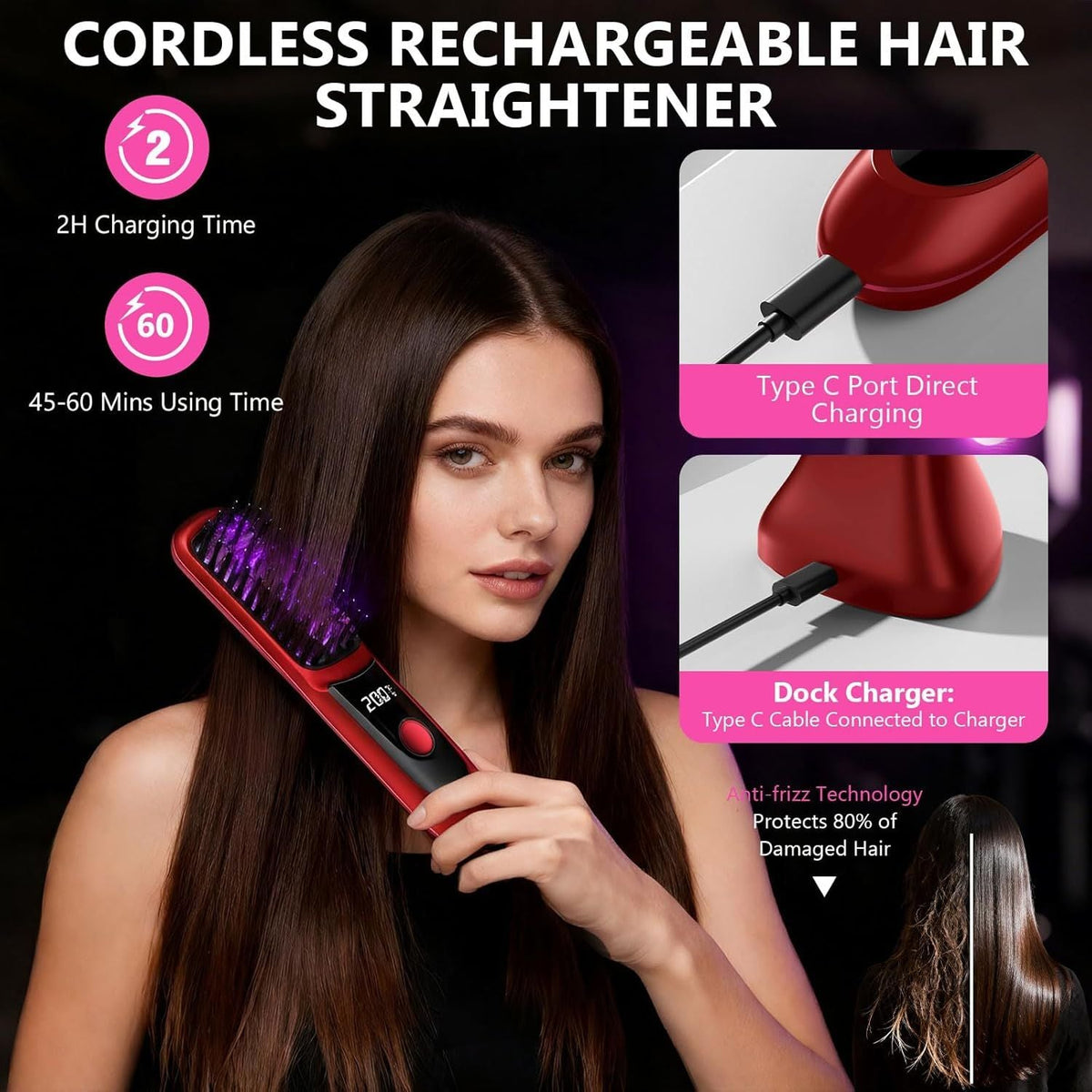 Hair Straightener, Cordless Hair Straightening Brush Portable Cordless Comb with Base Negative Ion Rechargeable Brush for Frizz-Free Shine Straightening, 6400mAh Fast Heating (Black) Uncle LOL